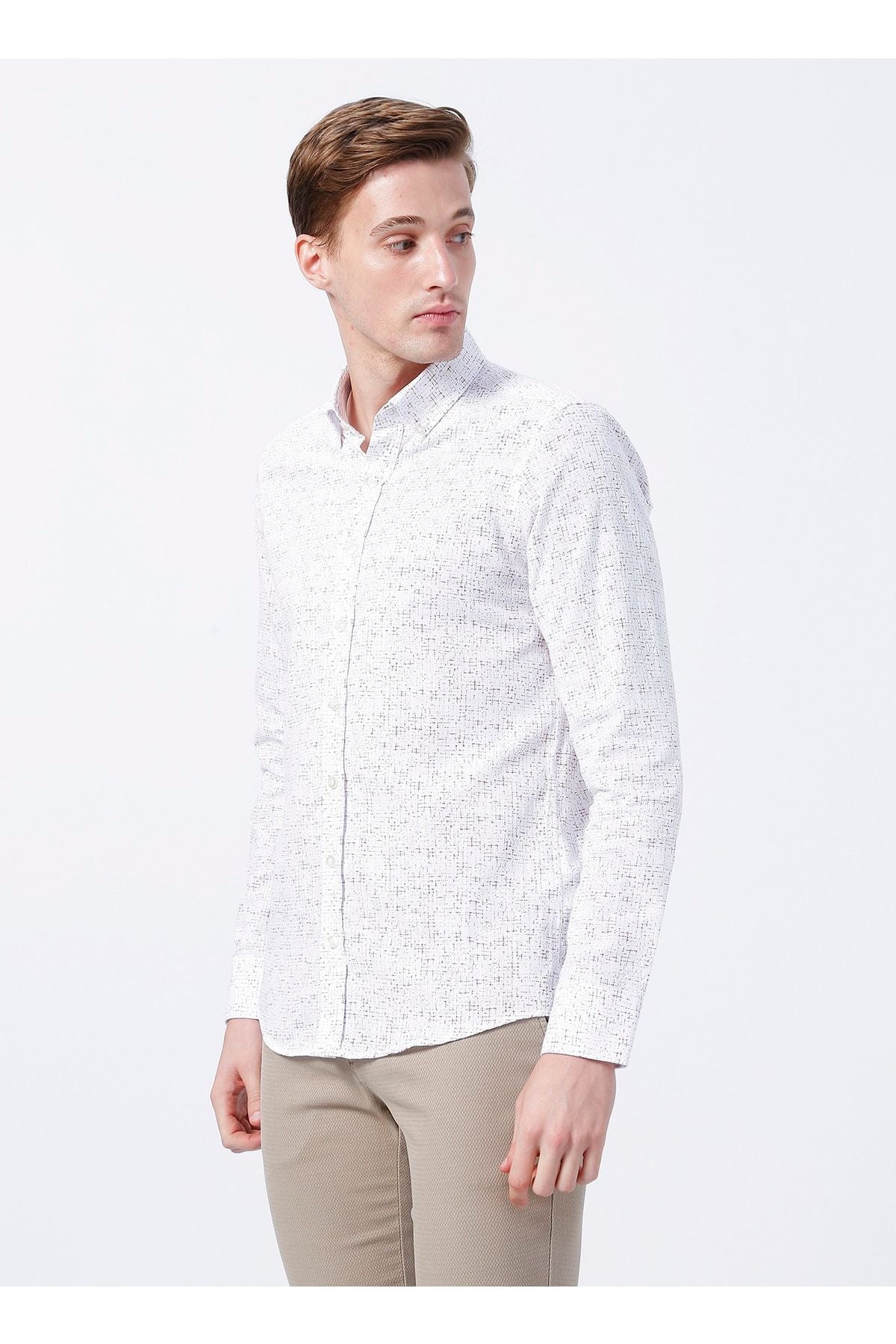 Men's White - Bordeaux Slim Fit Narrow Cutting Buttoned Neck 100 %Cotton Printed Shirt