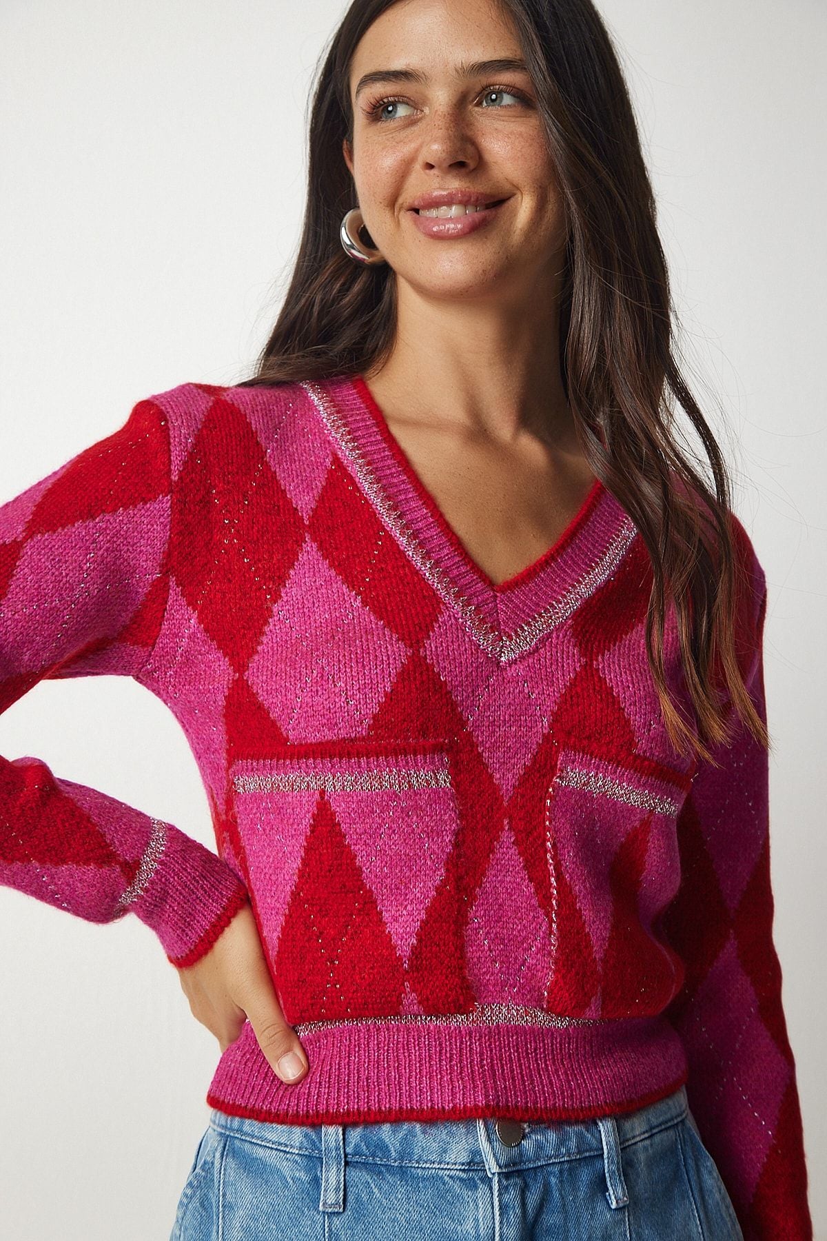 Women's Fuchsia Red Baklava Patterned Pocket Knitwear Kazakh BV00105