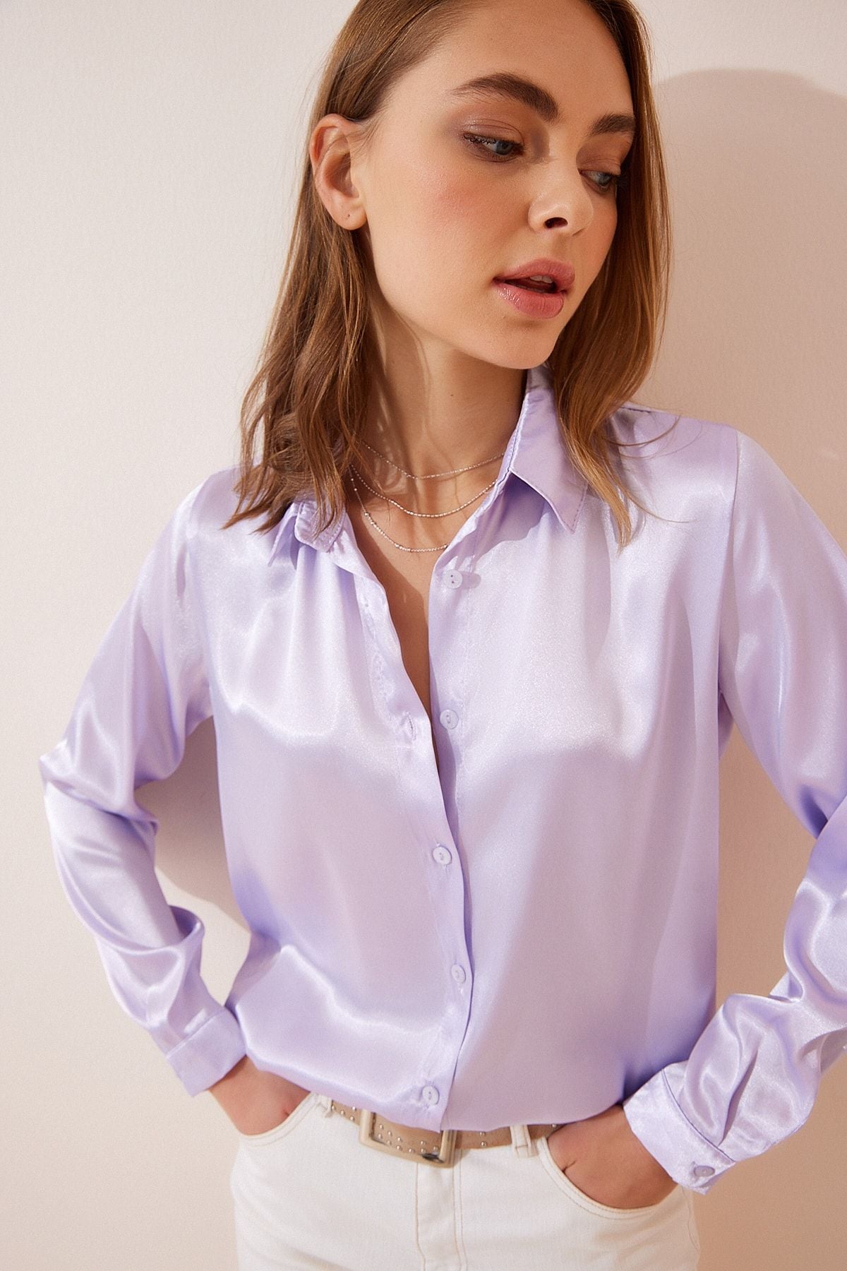 Women's Lilac Light Duped Satin Surface Shirt DD00990