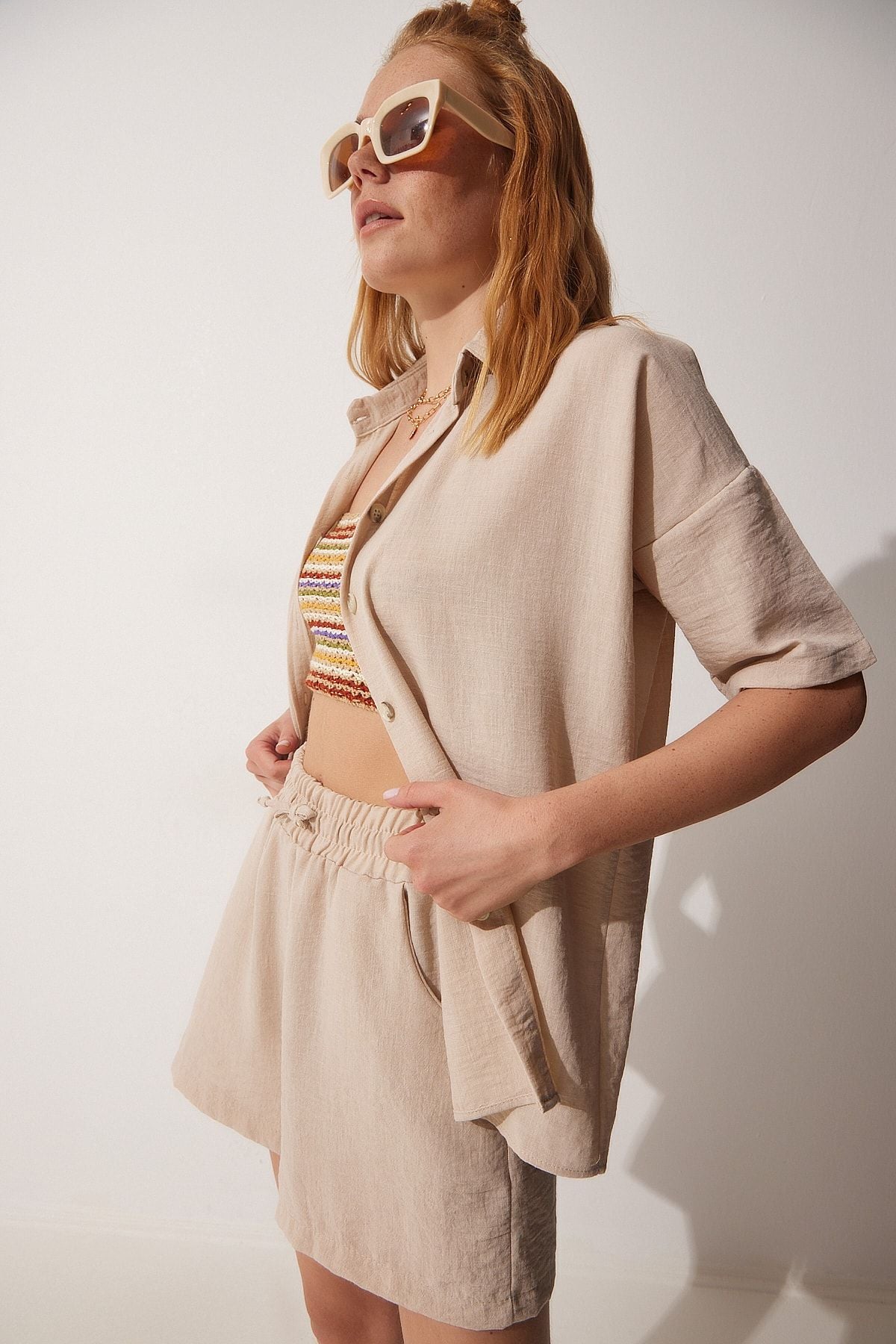 Female Beige Summer Linen Shirt Short Set CI00082
