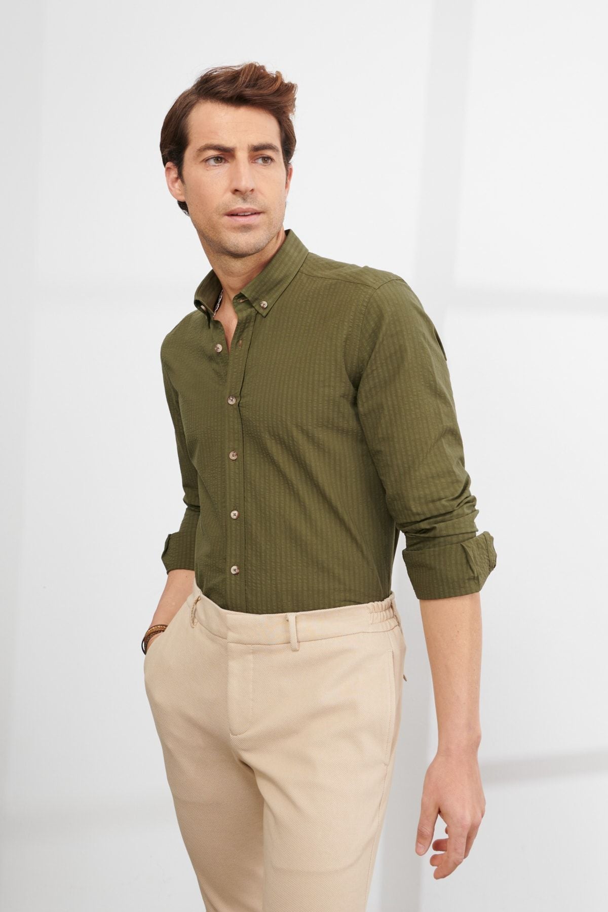 Male Khaki Slim Fit Narrow Cutting Buttoned Neck 100 %Cotton Shirt