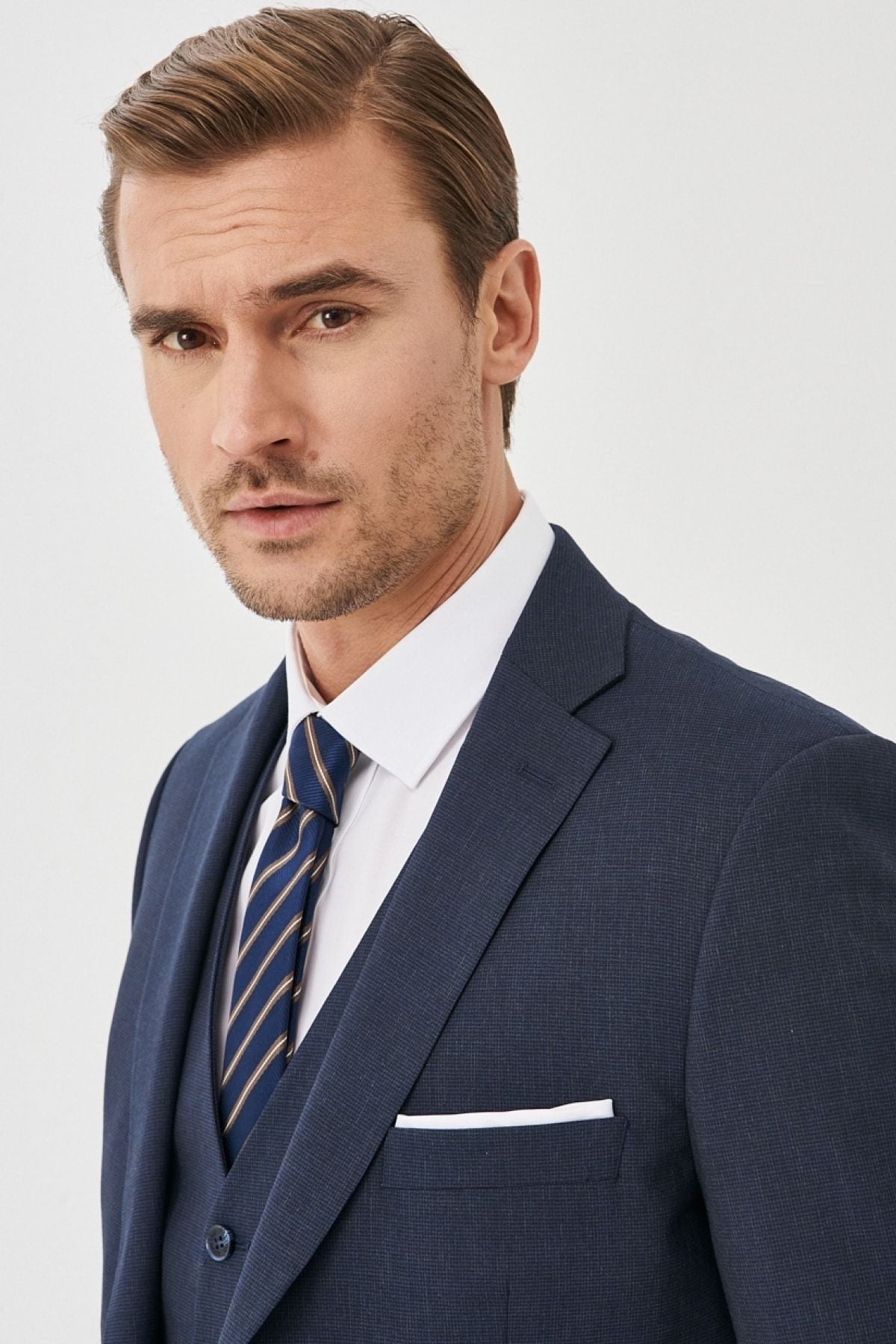 Men's navy blue-blue woolen extra slim fit narrow-cut patterned casual vest suit suits