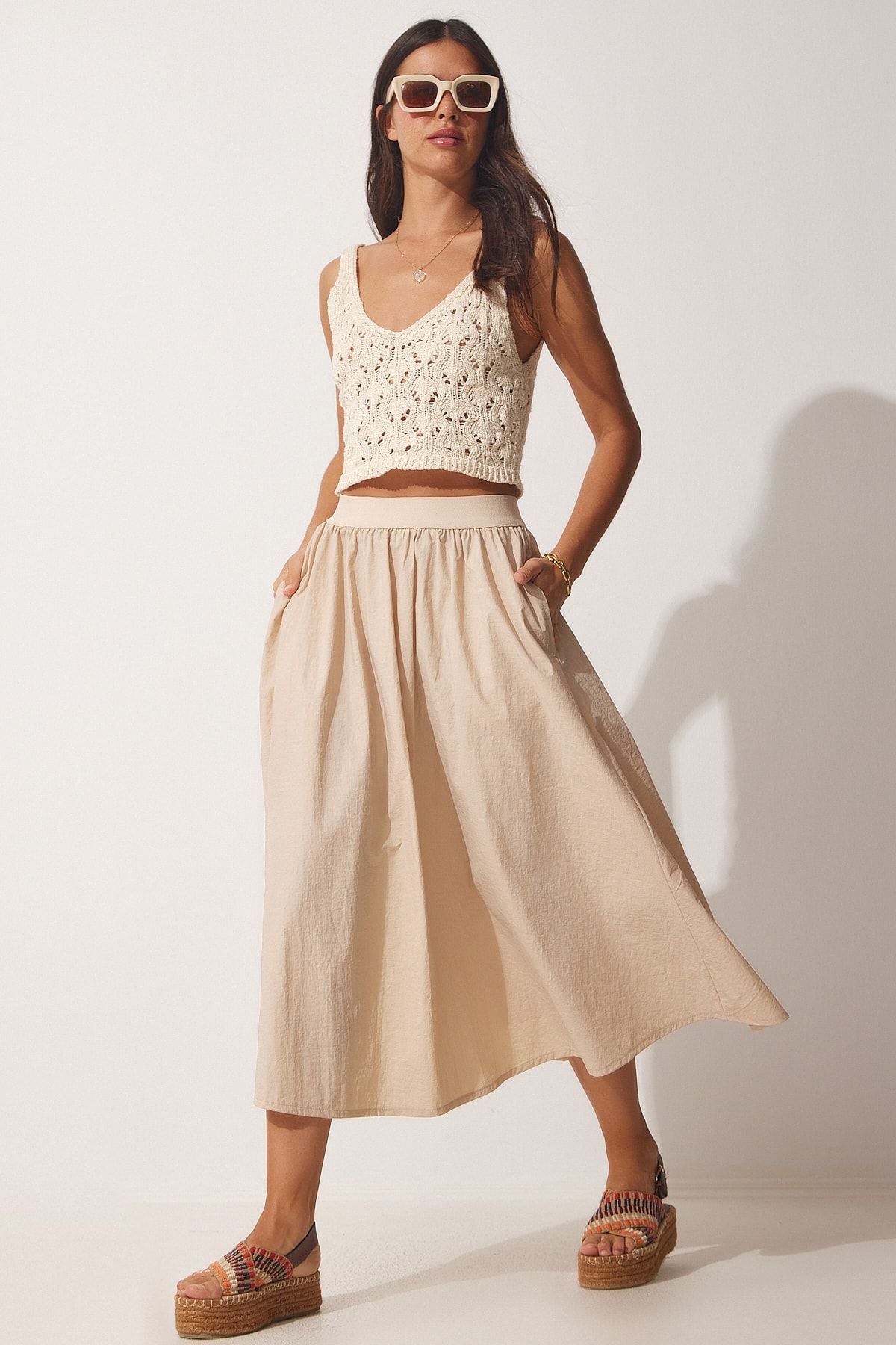 Women's Cream Balloon Parachute Midi Skirt UL00008