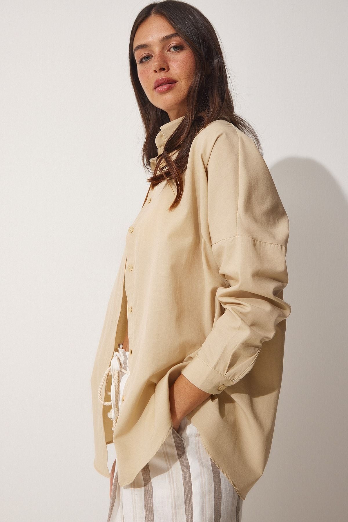 Woman Dark Cream Oversize Long Basic Shirt DD00842