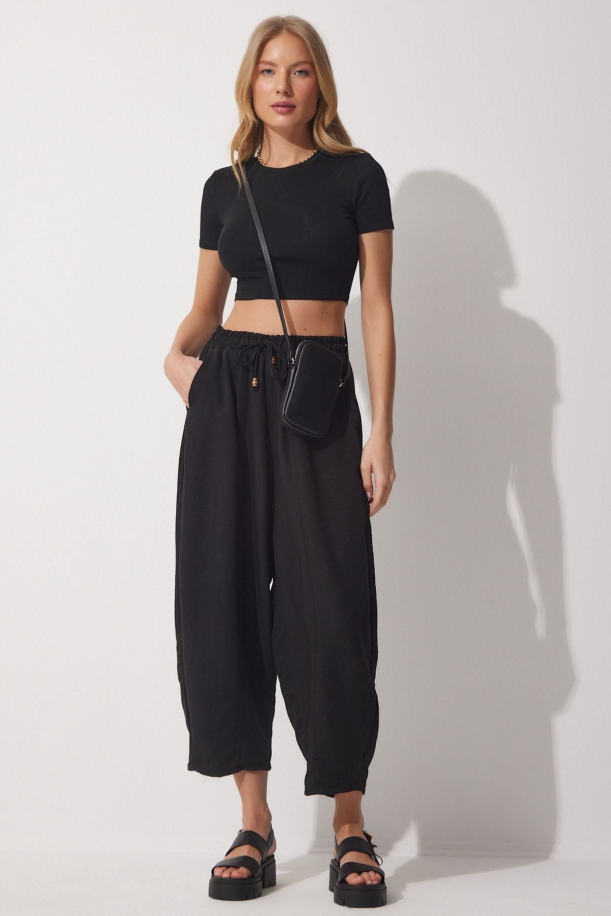 Female Live Black Pocket Linen Viscose Shalwar Pants CV00001