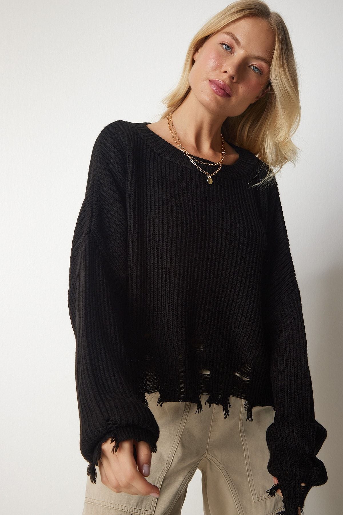 Women's black tear detailed overwhelm knitwear sweater ki00098