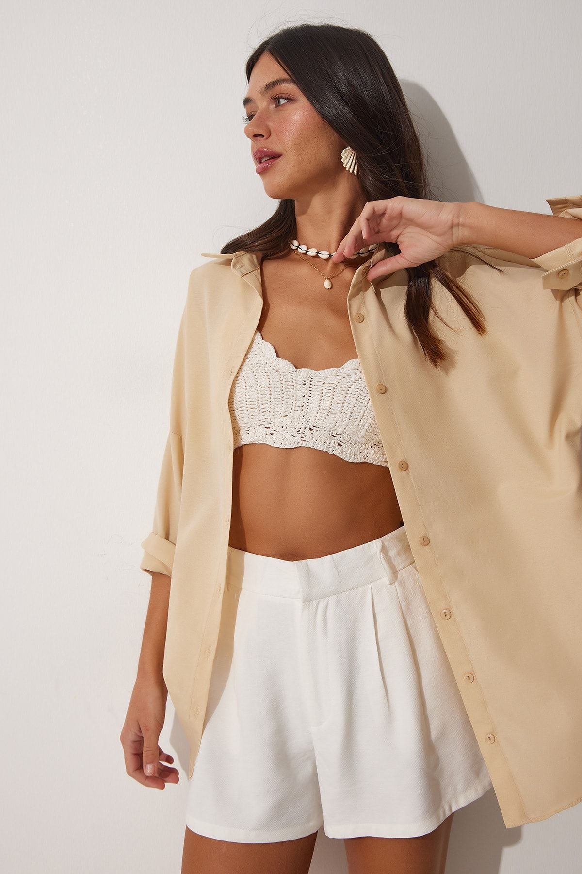 Woman Latte Oversize Long Basic Shirt DD00842