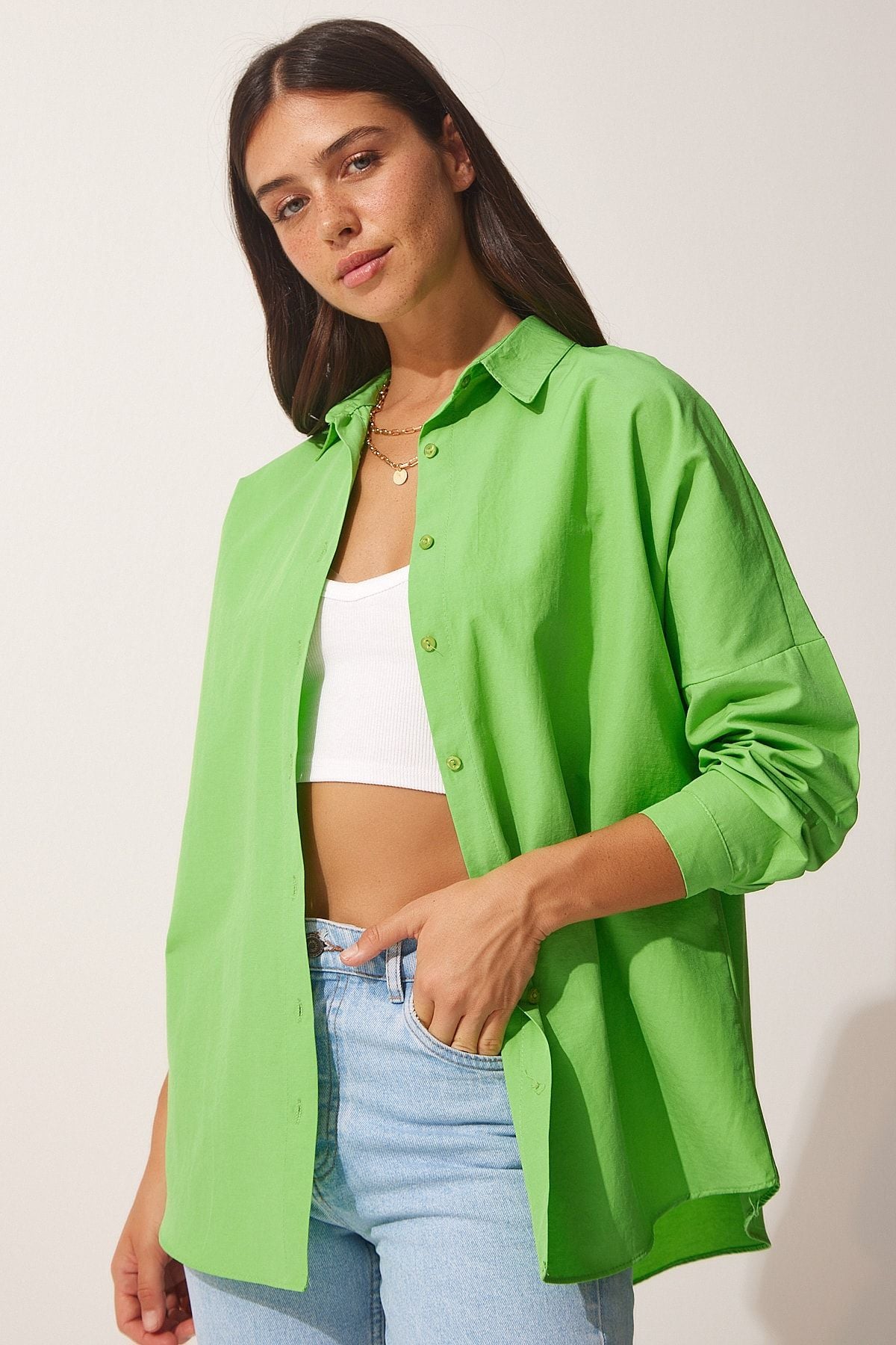 Woman Middle Green Oversize Long Basic Shirt DD00842