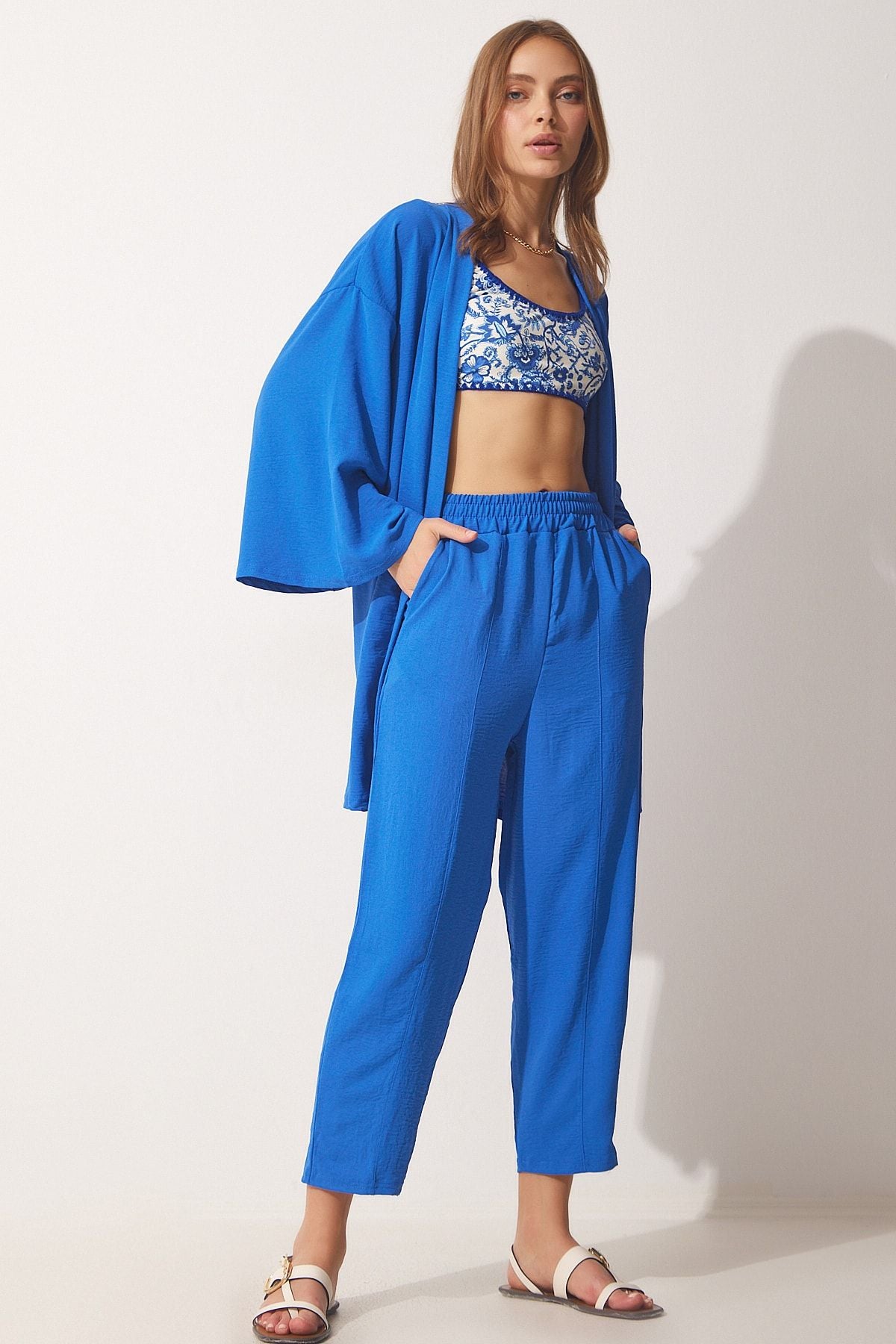 Woman Dark Blue Kimono Pants Set DZ00046