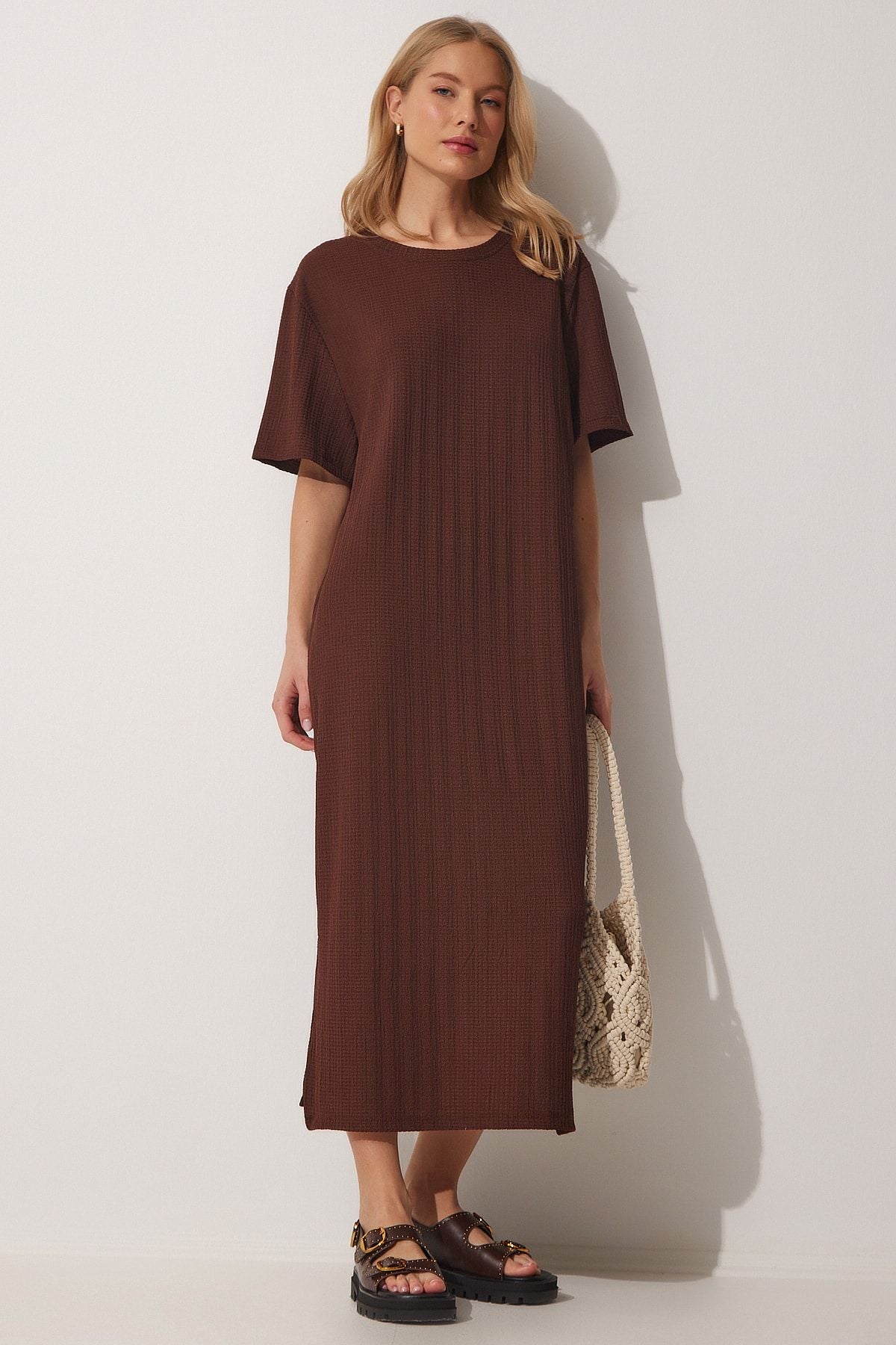 Woman Brown Long Daily Knitting Dress DZ00076