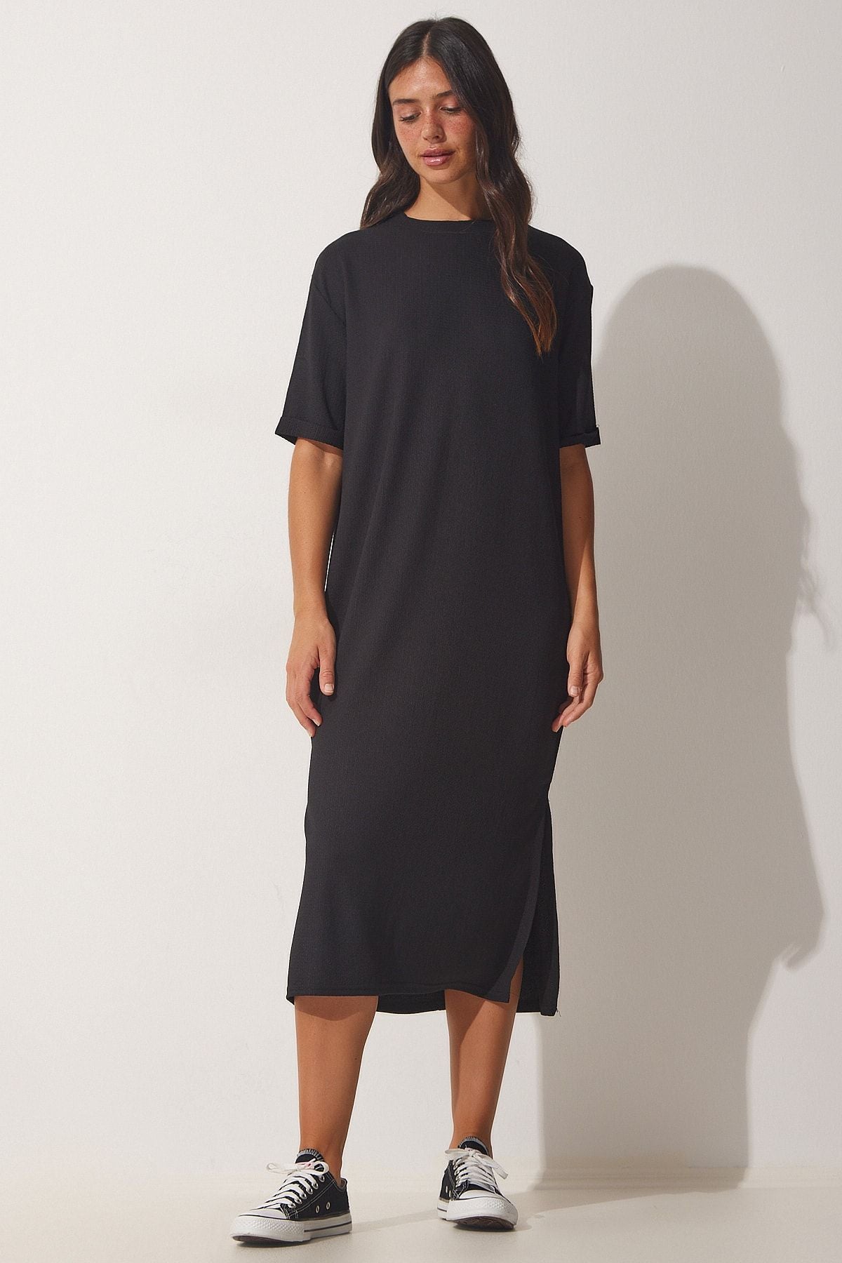 Women's black textured daily midi knitted dress LH00037