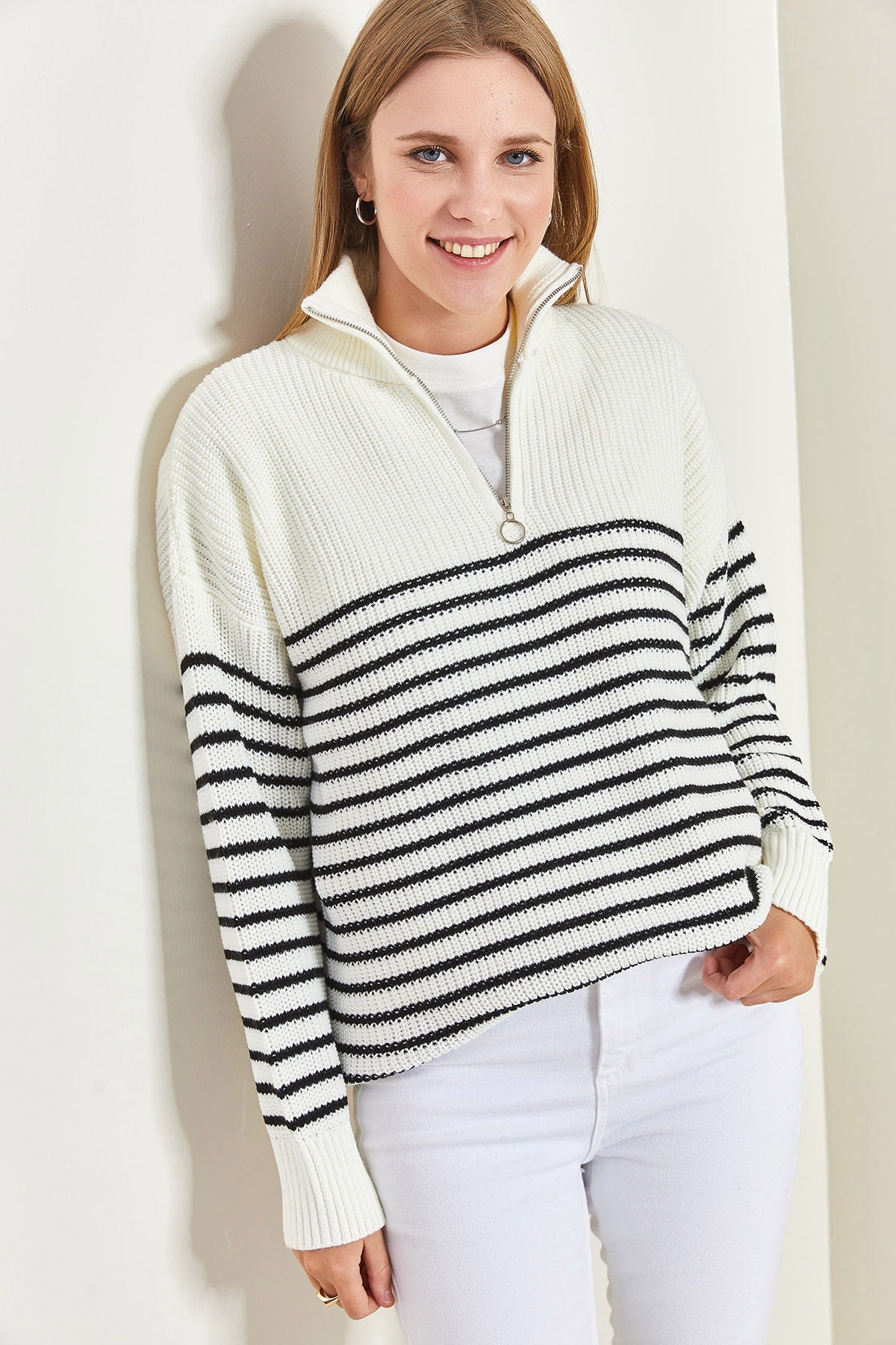 Women's Turtleneck Zippered Six Striped Knitwear Sweater 20223267