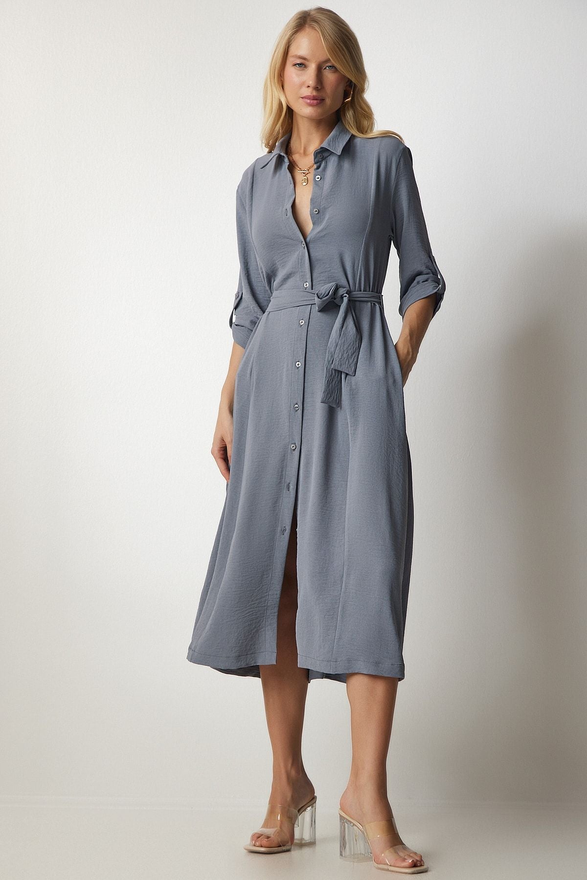 Women's Gray Belt Shirt Dress DD01256