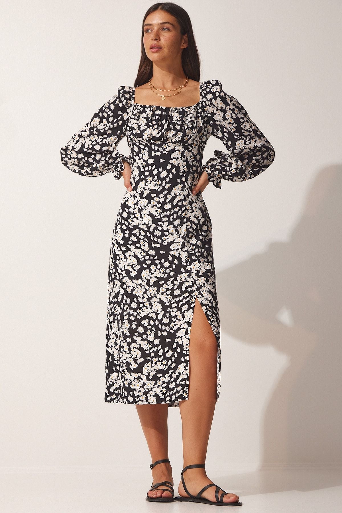 Female black patterned viscose weaving dress FN03073