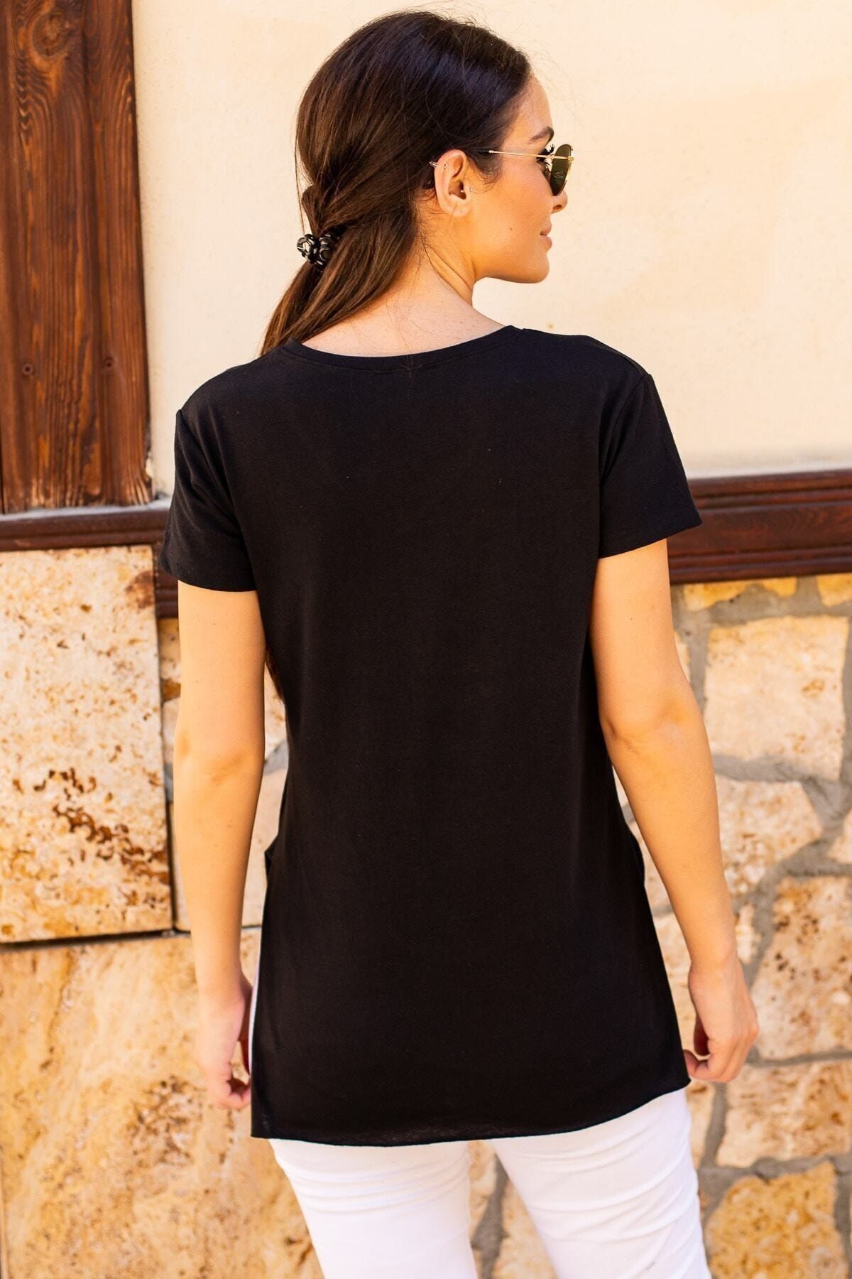 Women's Black V-neck Side Slit T-Shirt ARM-19K012042
