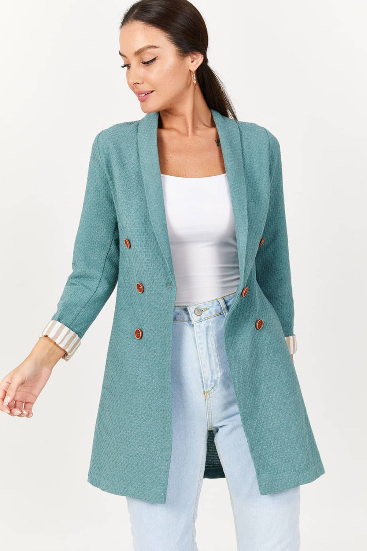 Women's Turquoise Long Sleeve Striped, Self-patterned Long Jacket ARM-22Y001090