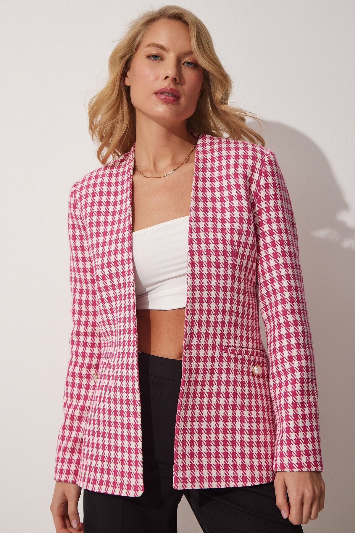 Woman Pink textured sweater patterned blazer jacket wf00025