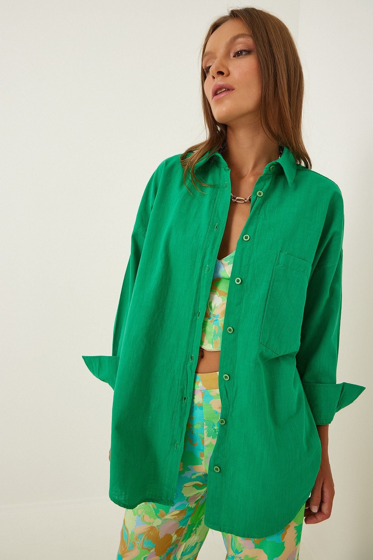 Woman Live Green Oversize Long Linen Shirt HF00371