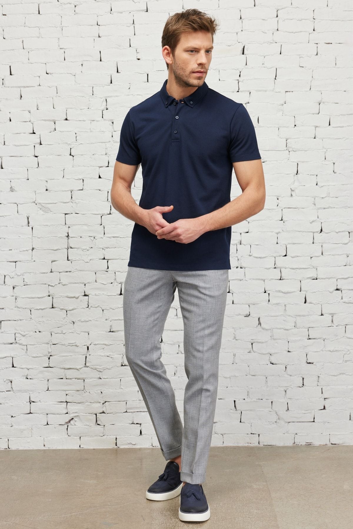 Men's navy blue slim fit narrow -cut breathing fabric polo collar cotton t -shirt