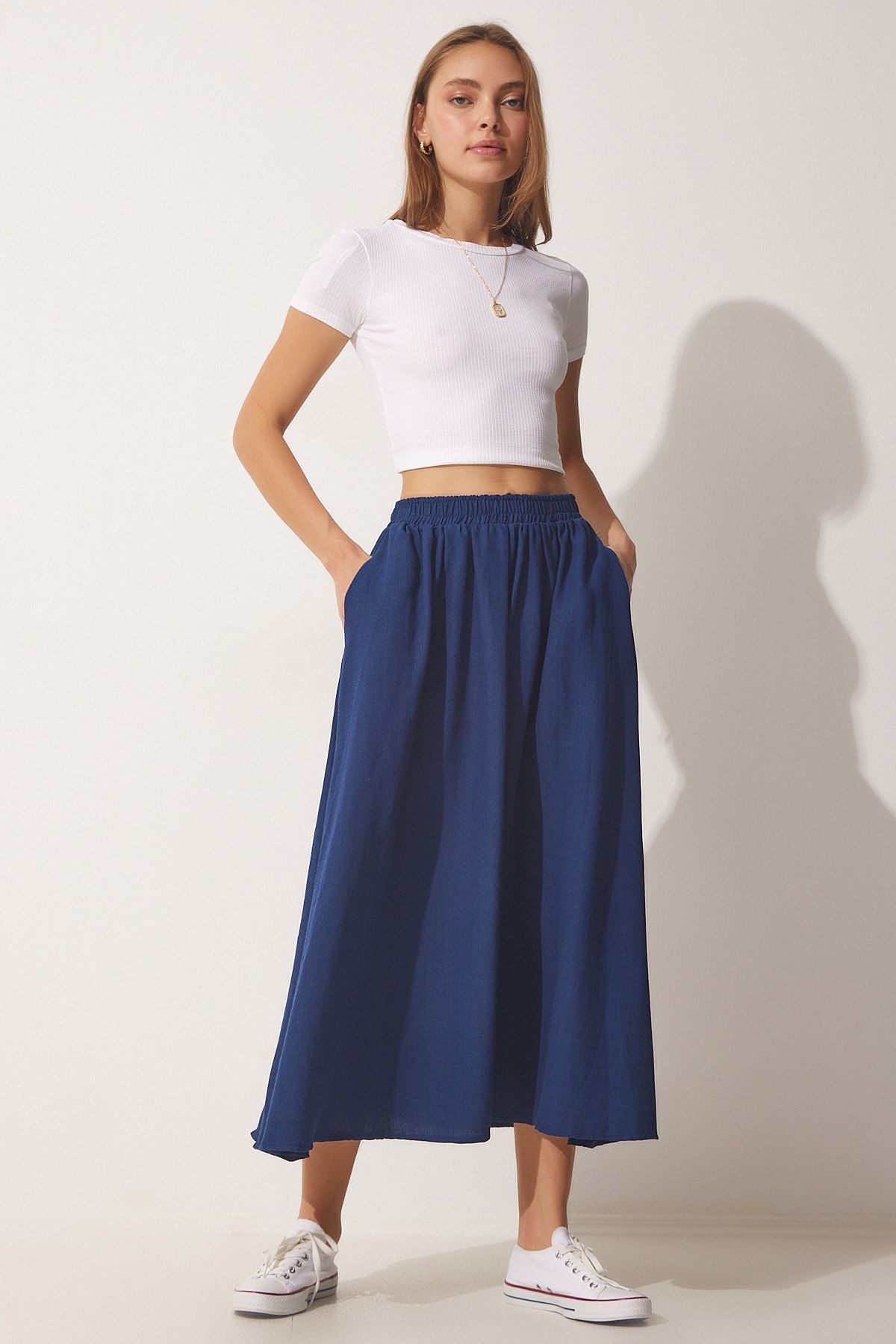Female navy blue pocket linen cloach skirt mc00195