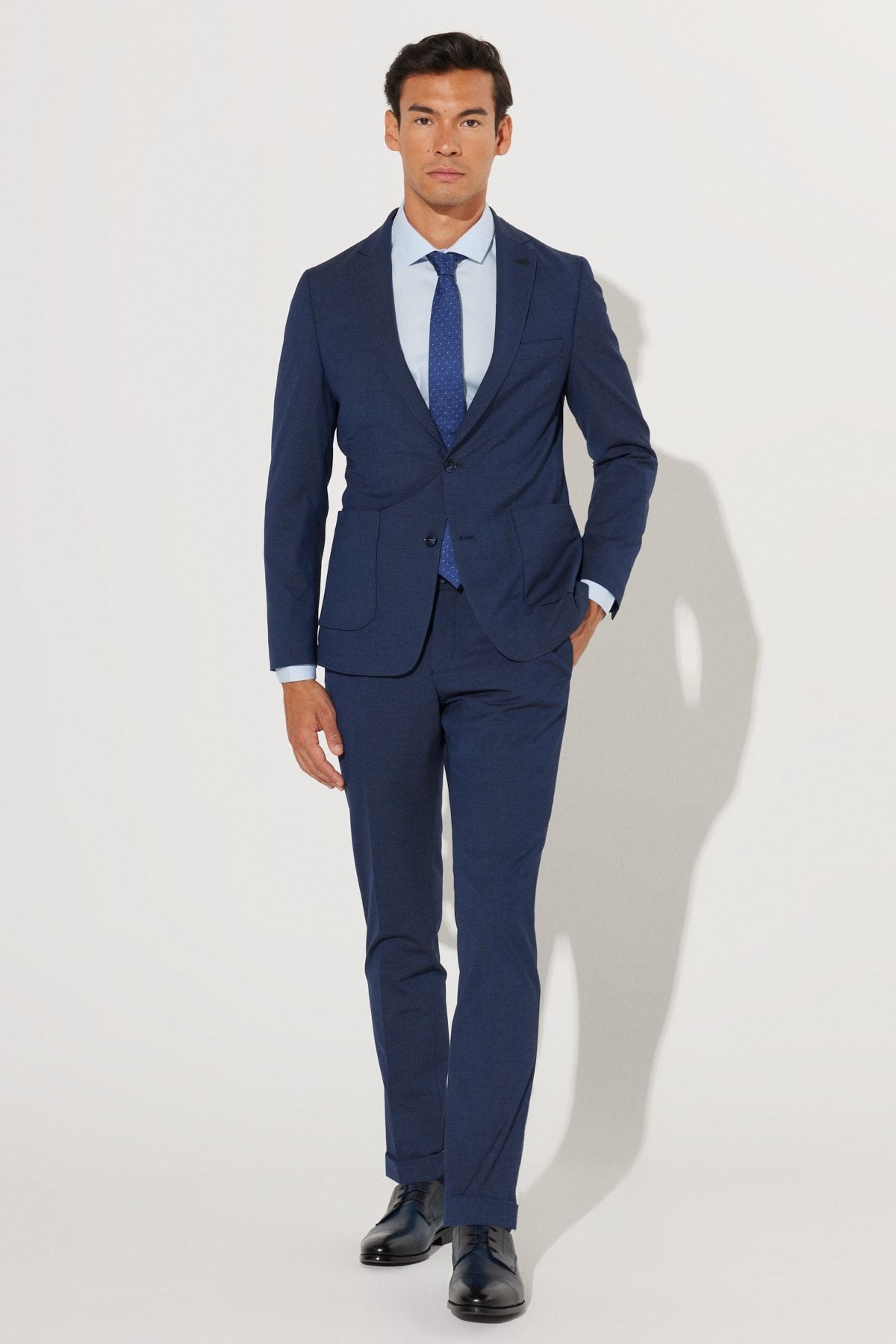 Men's navy blue extra slim fit narrow cutting mono collar pattern suit suits