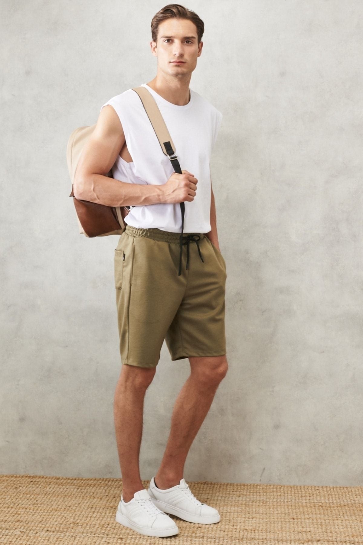 Male Khaki Standard Fit Daily Casual Sports Knitting Shorts