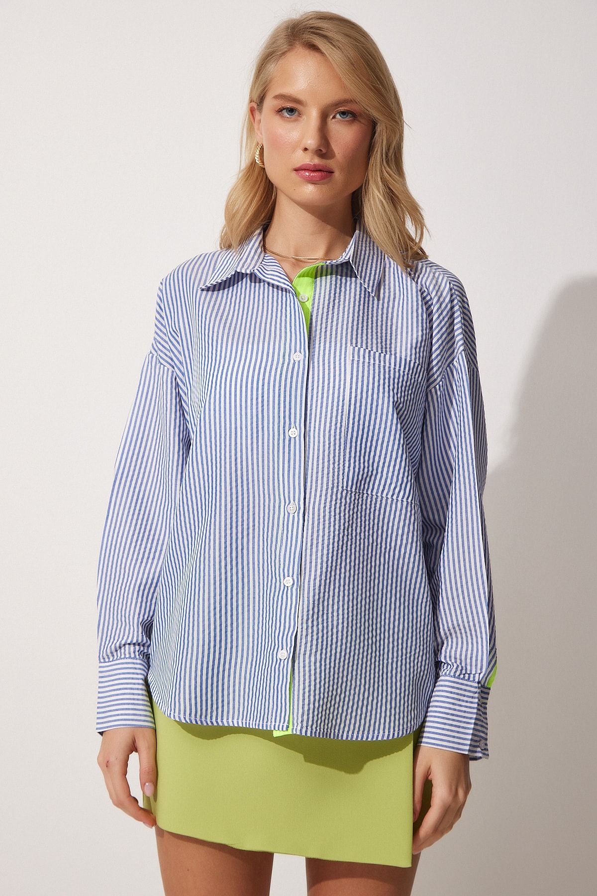 Woman Blue Green Ribbon and Button Detailed Striped Oversize Shirt DX00006