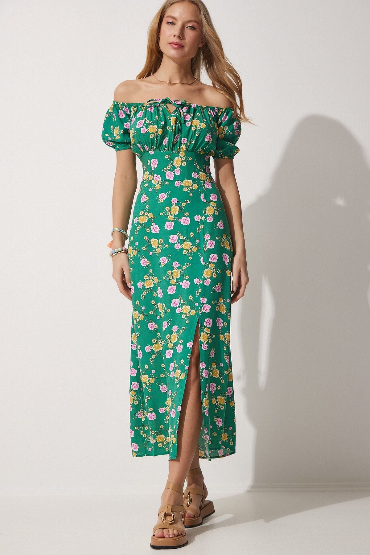 Female Green Flower Shirred Neck Summer Long Viscose Dress DK00143