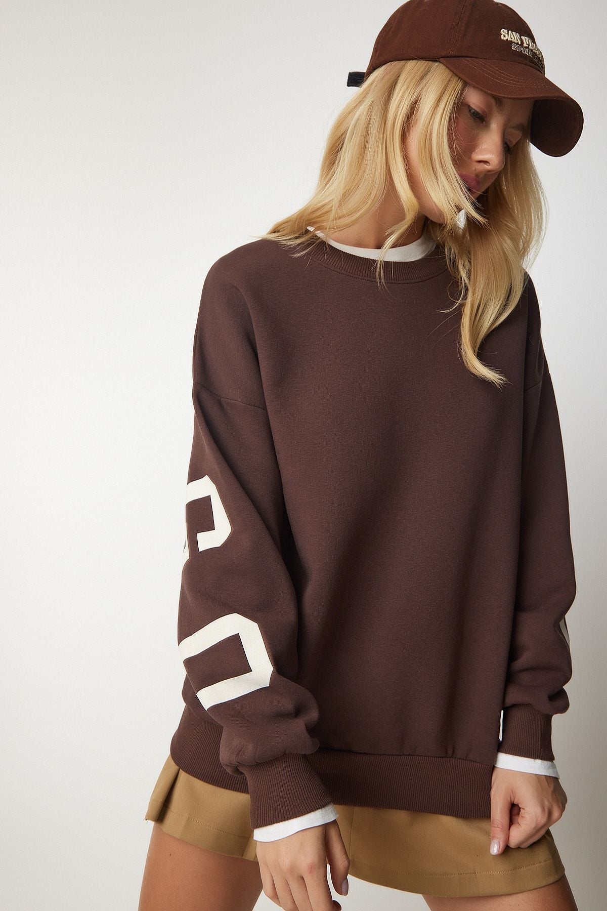 Female brown printed overwheel sweatshirt HF00440