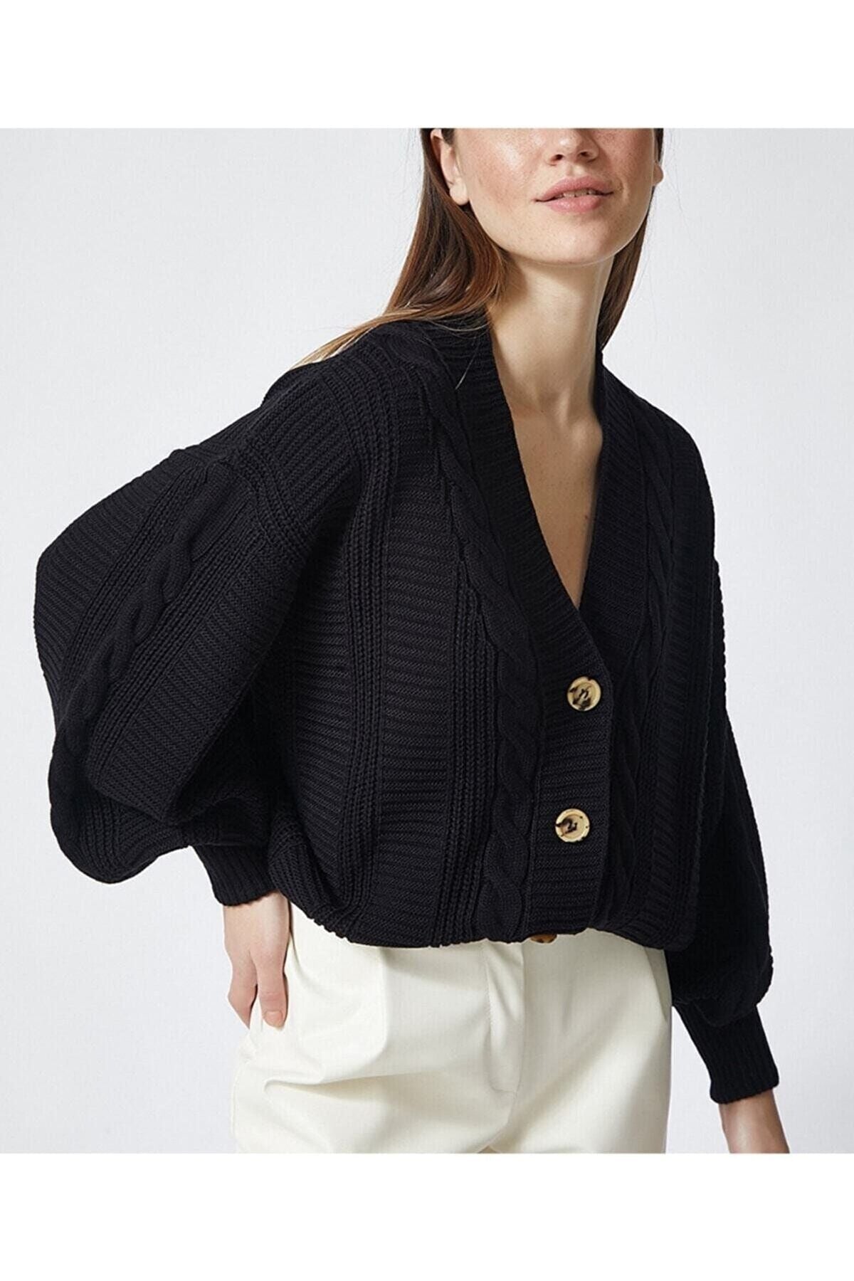 Female black braided balloon sleeve shabby knitwear cardigan za00039