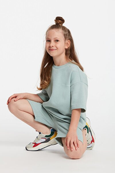 Cali Knitted Comfort Fit Tracksuit Set Embroidered Mint Green Round Neck