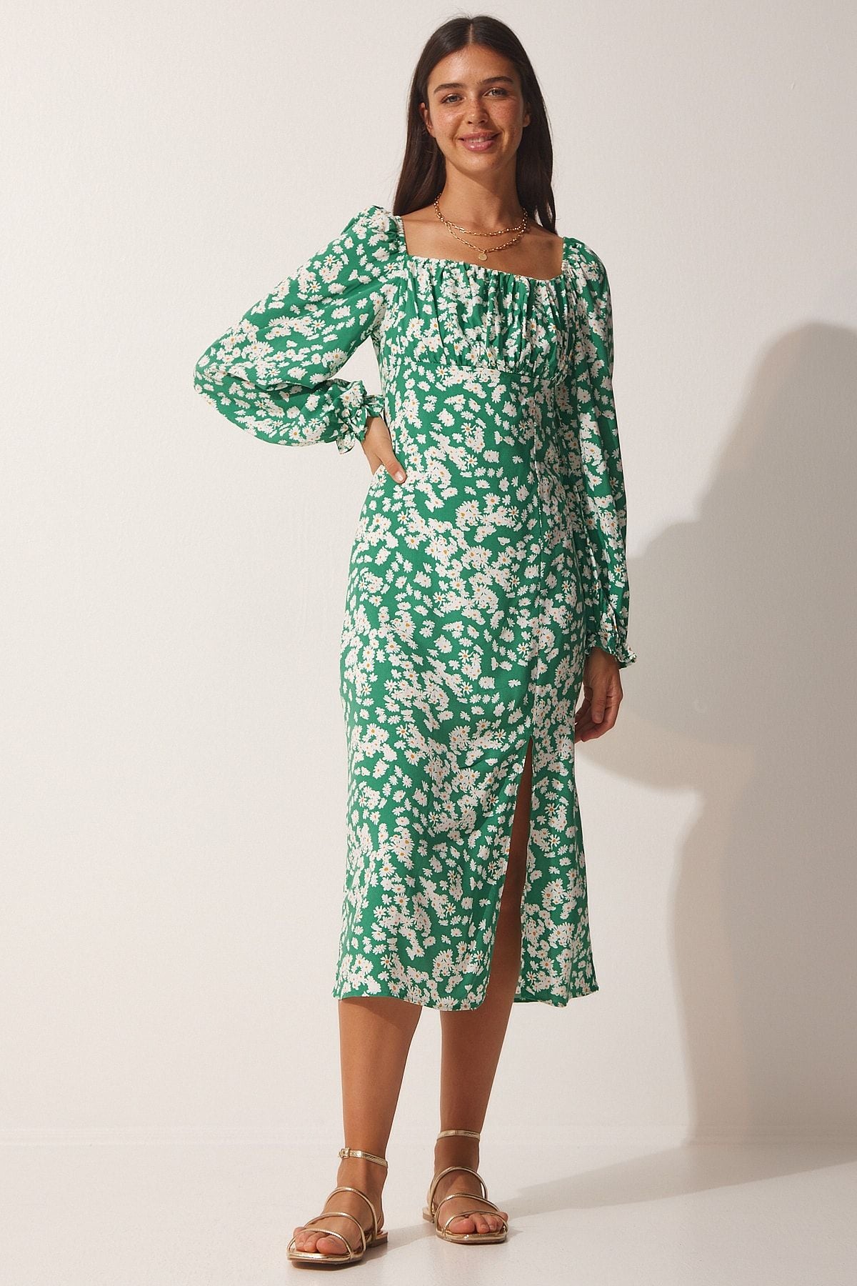Female green patterned viscose weaving dress FN03073
