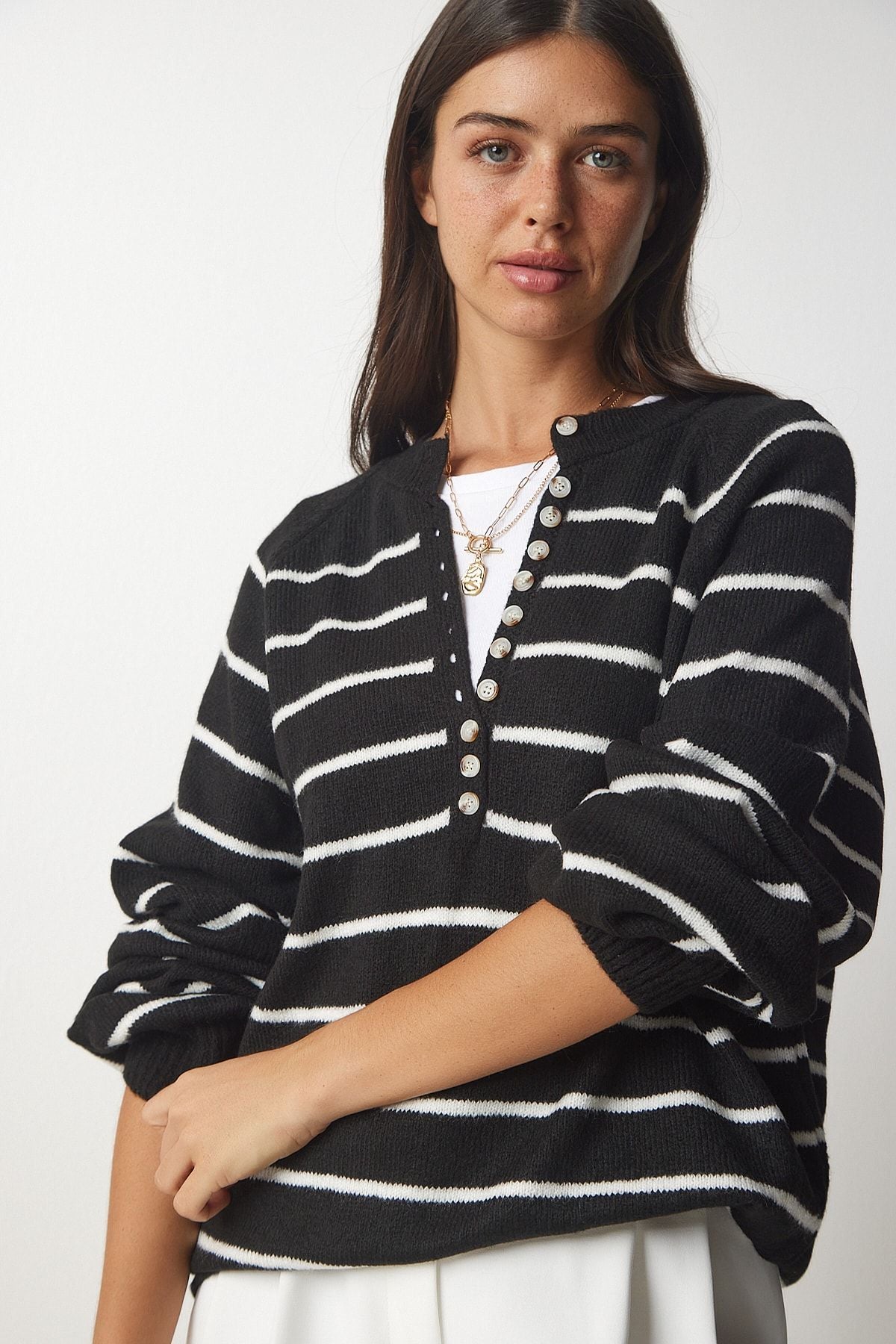 Female black button collar striped knitwear sweater LX00040