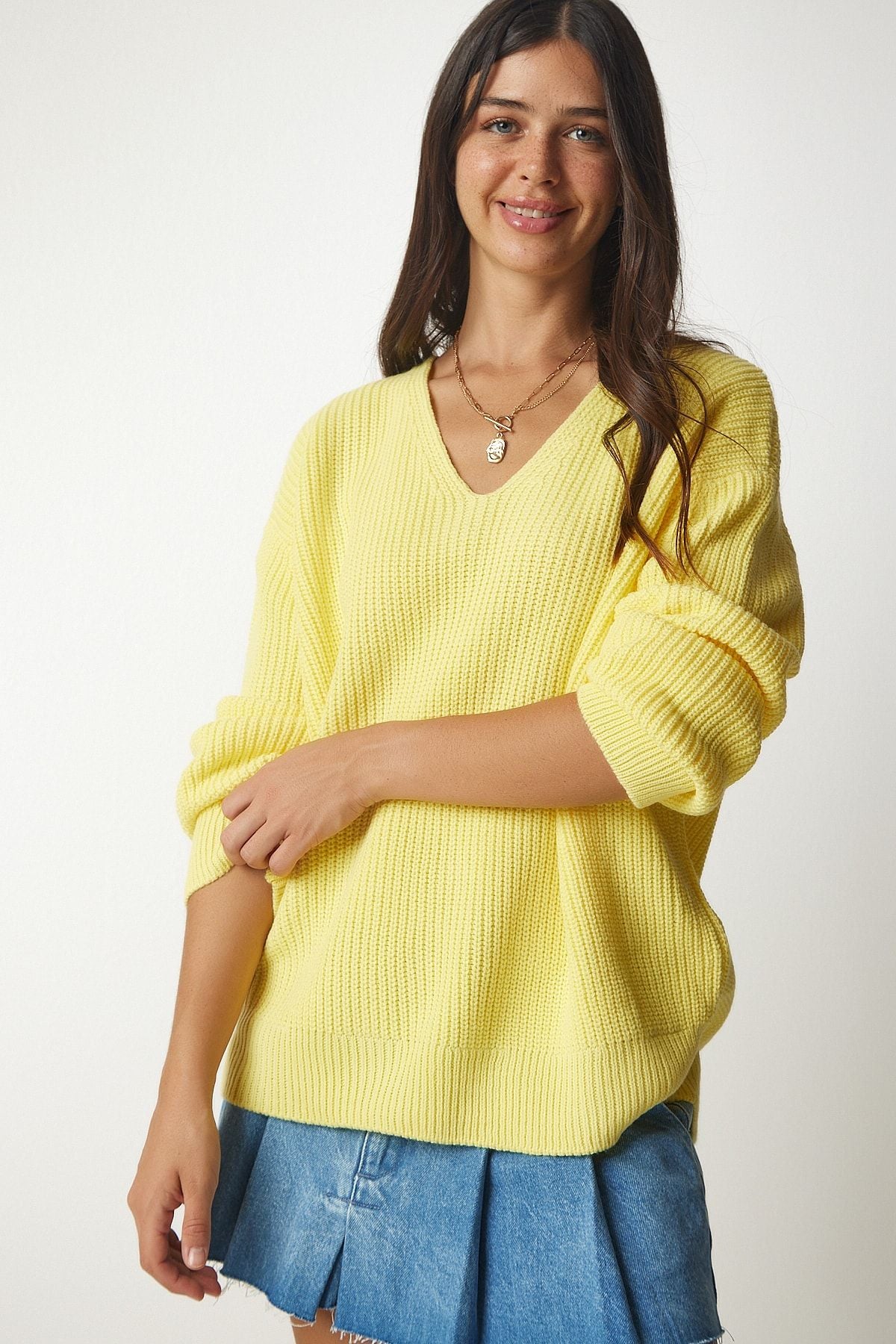 Woman Yellow V -Yaka Oversizle Basic Knitwear Kazakh MX00130