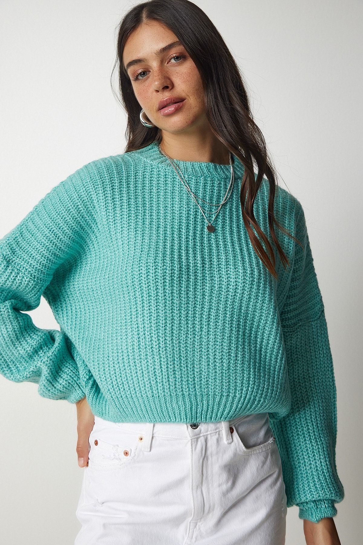 Women's Water Green Balloon Sleeze Basic Knitwear Kazakh BV00098