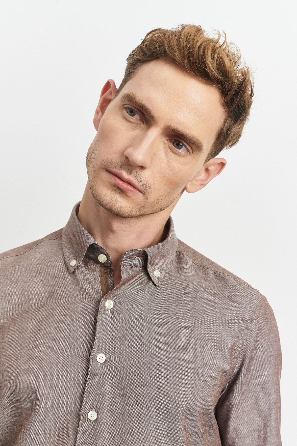 Men's mink slim fit narrow cut cotton hidden buttoned collar long sleeve oxford shirt