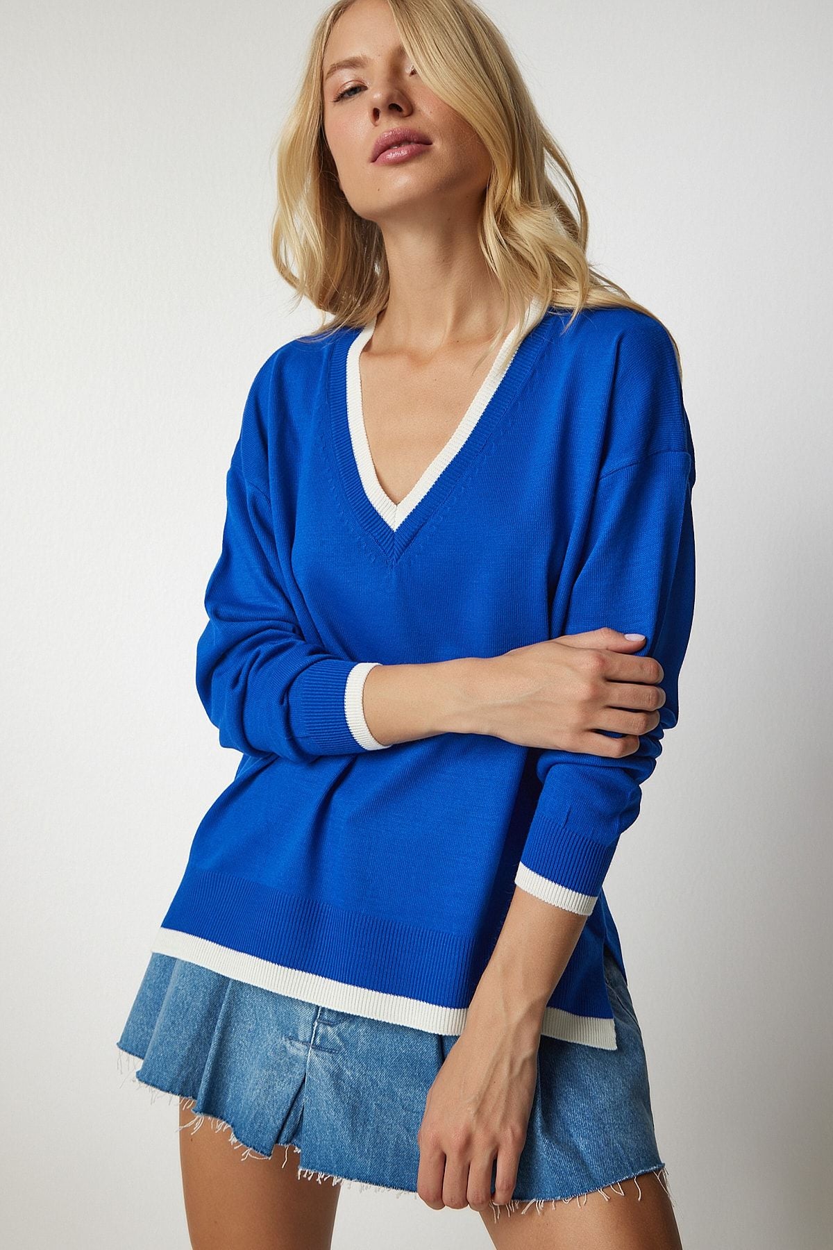 Woman Blue V Yaka Oversize Knitwear Sweater BV00081