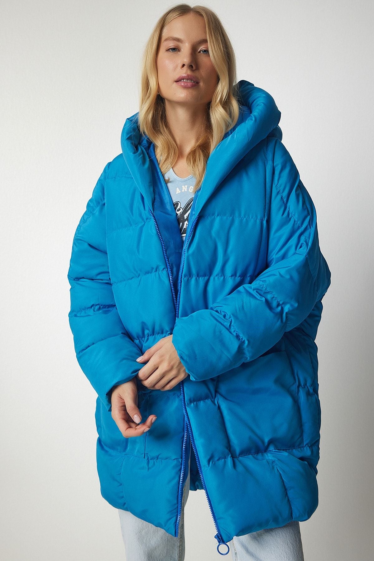 Woman Sky Blue Hooded Oversiz swelling coat NT00429