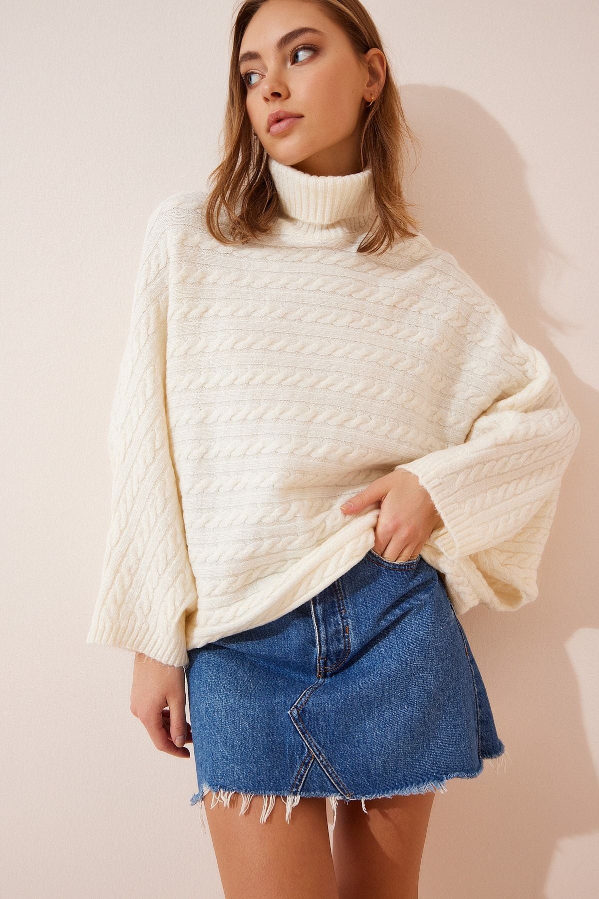 Female Bone Fisherman Neck Oversiz Pancho Knitwear Sweater US00873