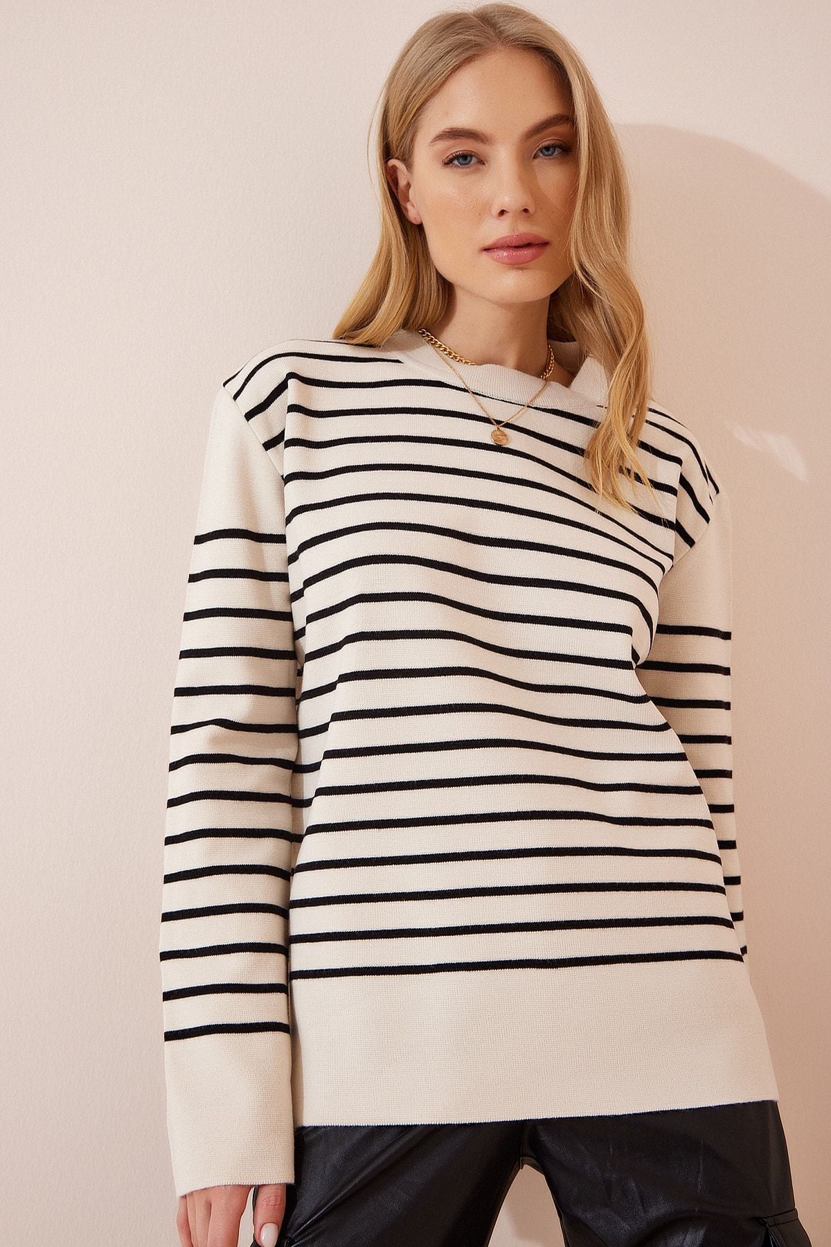 Woman Dark Cream striped thick knitwear sweater FN02976