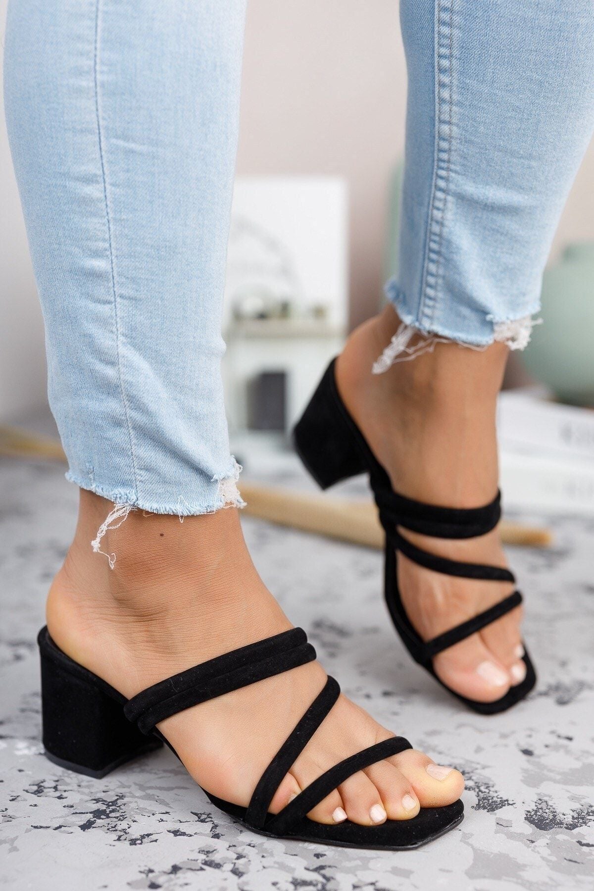 Woman Black Suede Heels Slippers