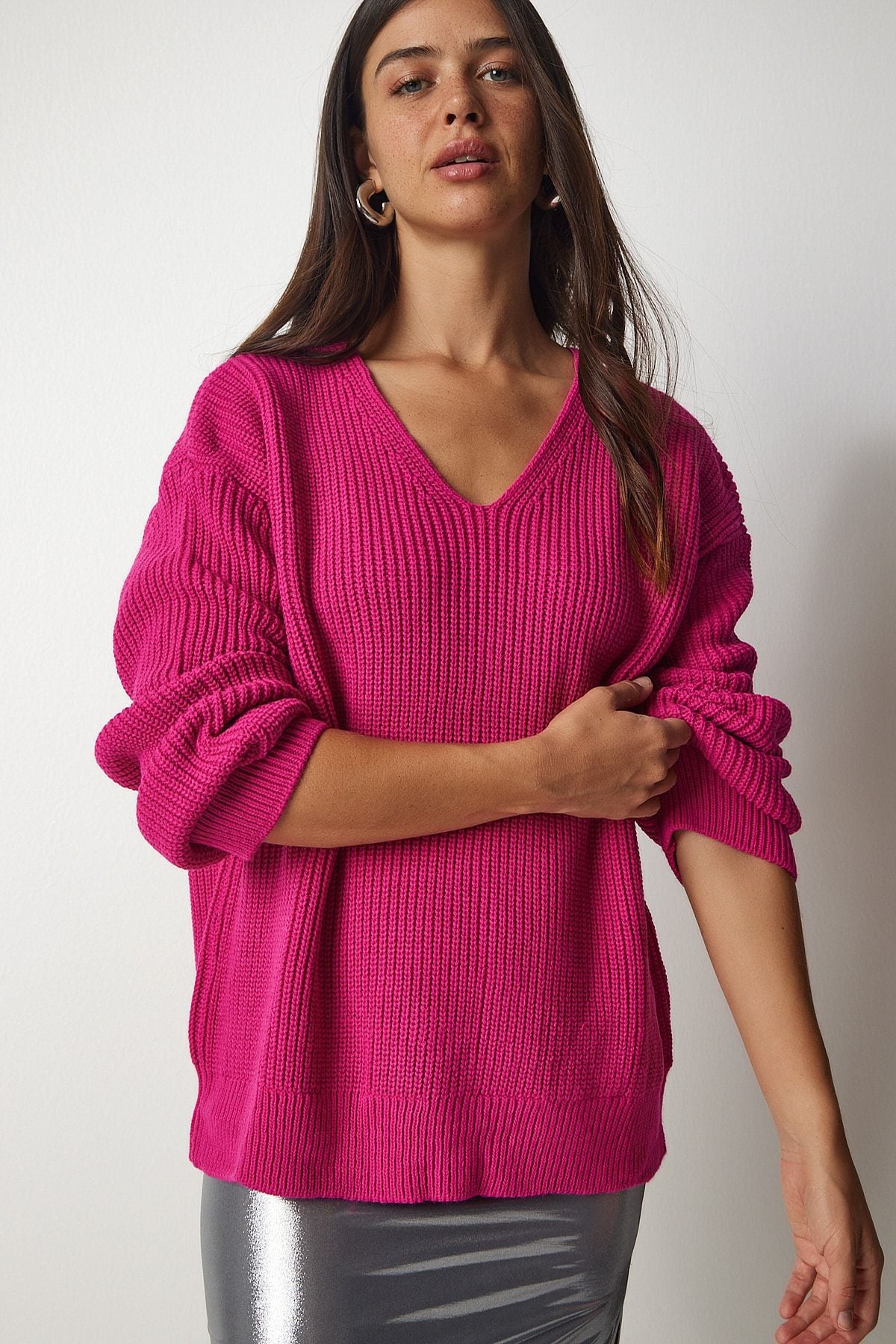 Woman Pink V Yaka Oversize Basic Knitwear Kazakh MX00130