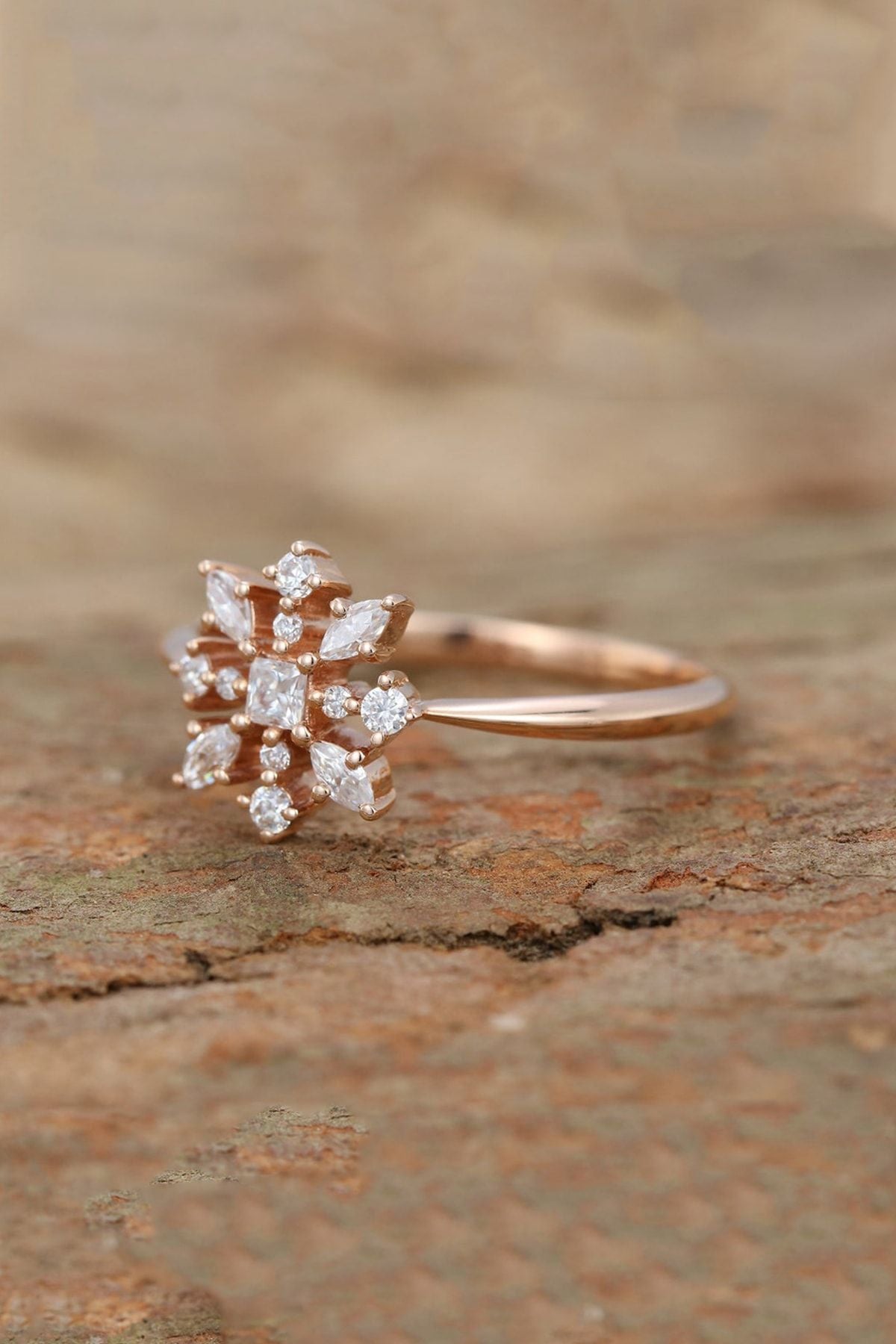 Vintage Marquis Flower White Zircon Stone 14k Rose Gold Plated Woman Ring