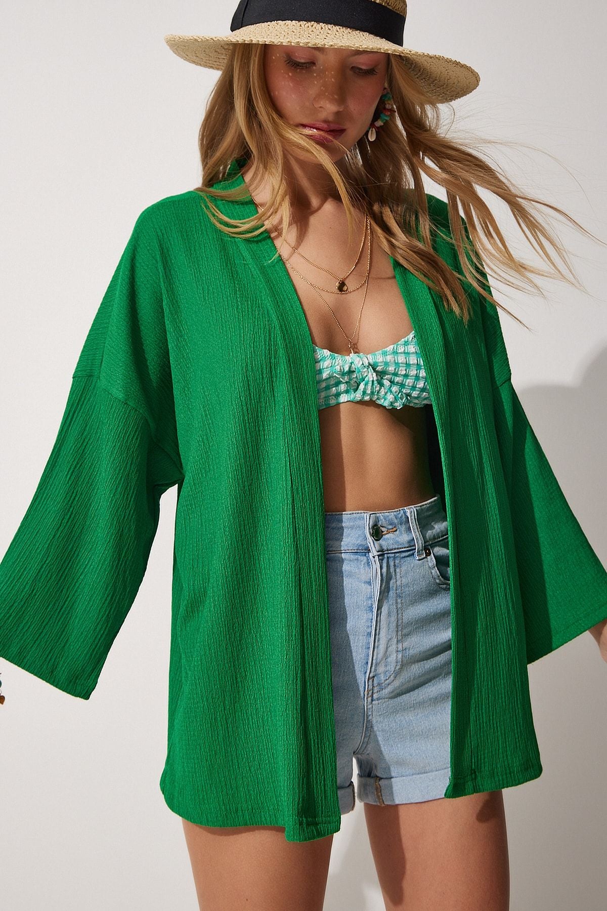 Female Green Storey Collar textured seasonal jacket DD01064