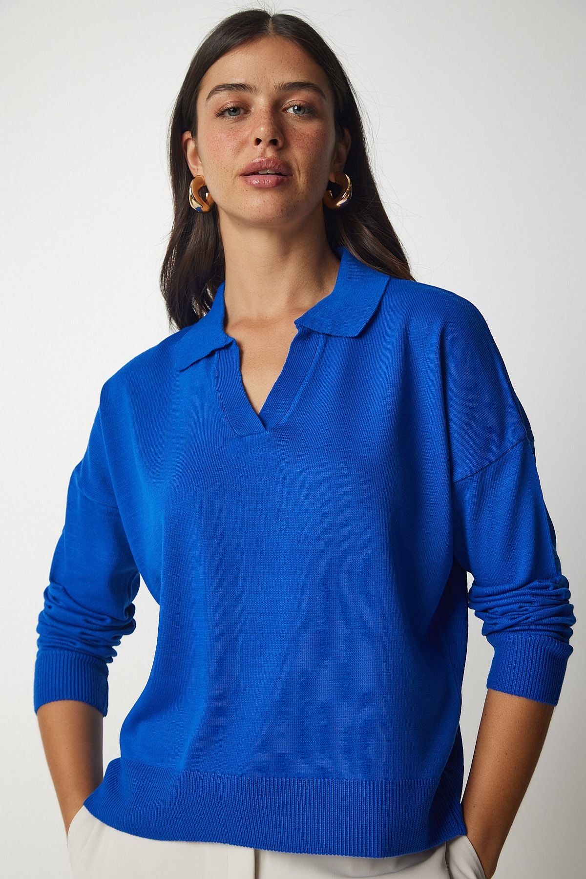 Woman Blue Polo Yaka Basic Kazakh BV00094