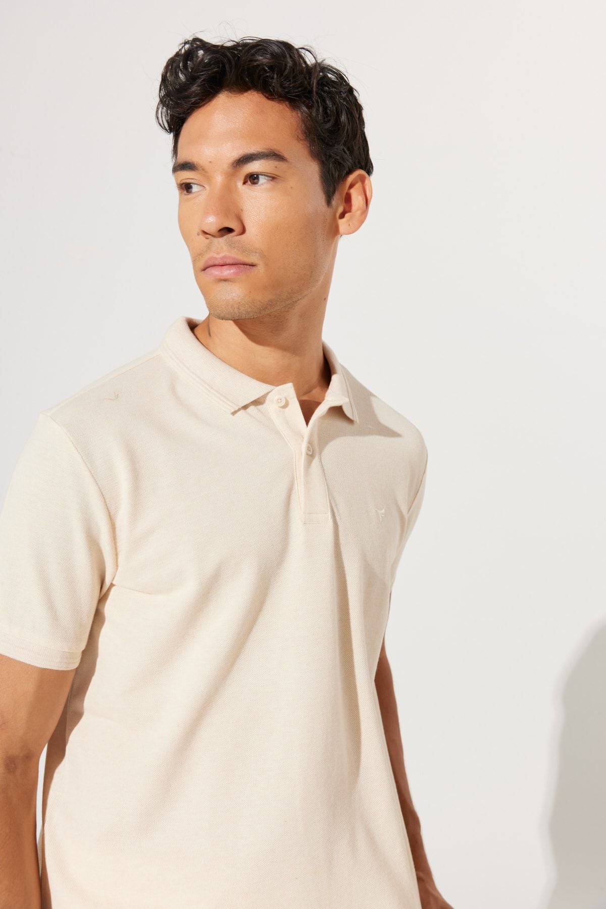 Men's Beige-Ekru Slim Fit Night Cut Polo Yaka 100 %Cotton T-shirt