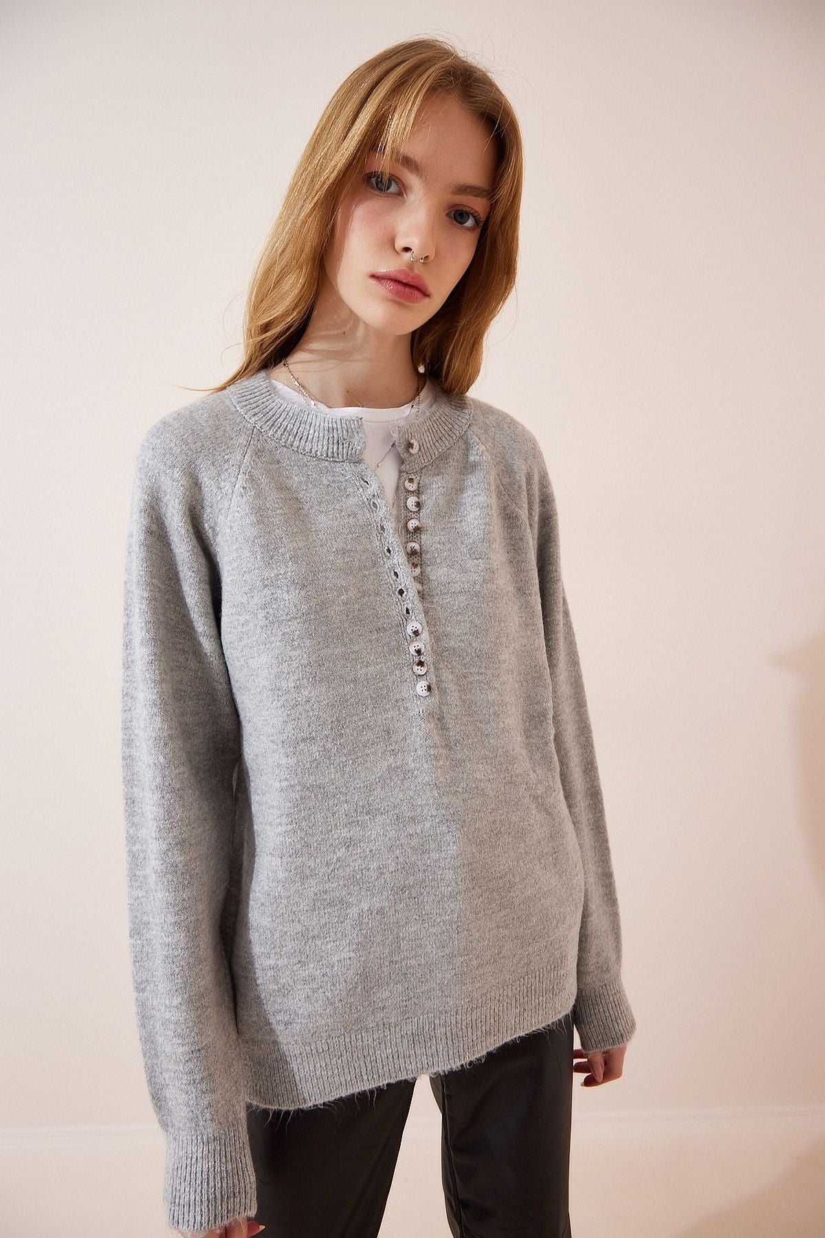 Woman Light Gray button collar knitwear sweater LX00040