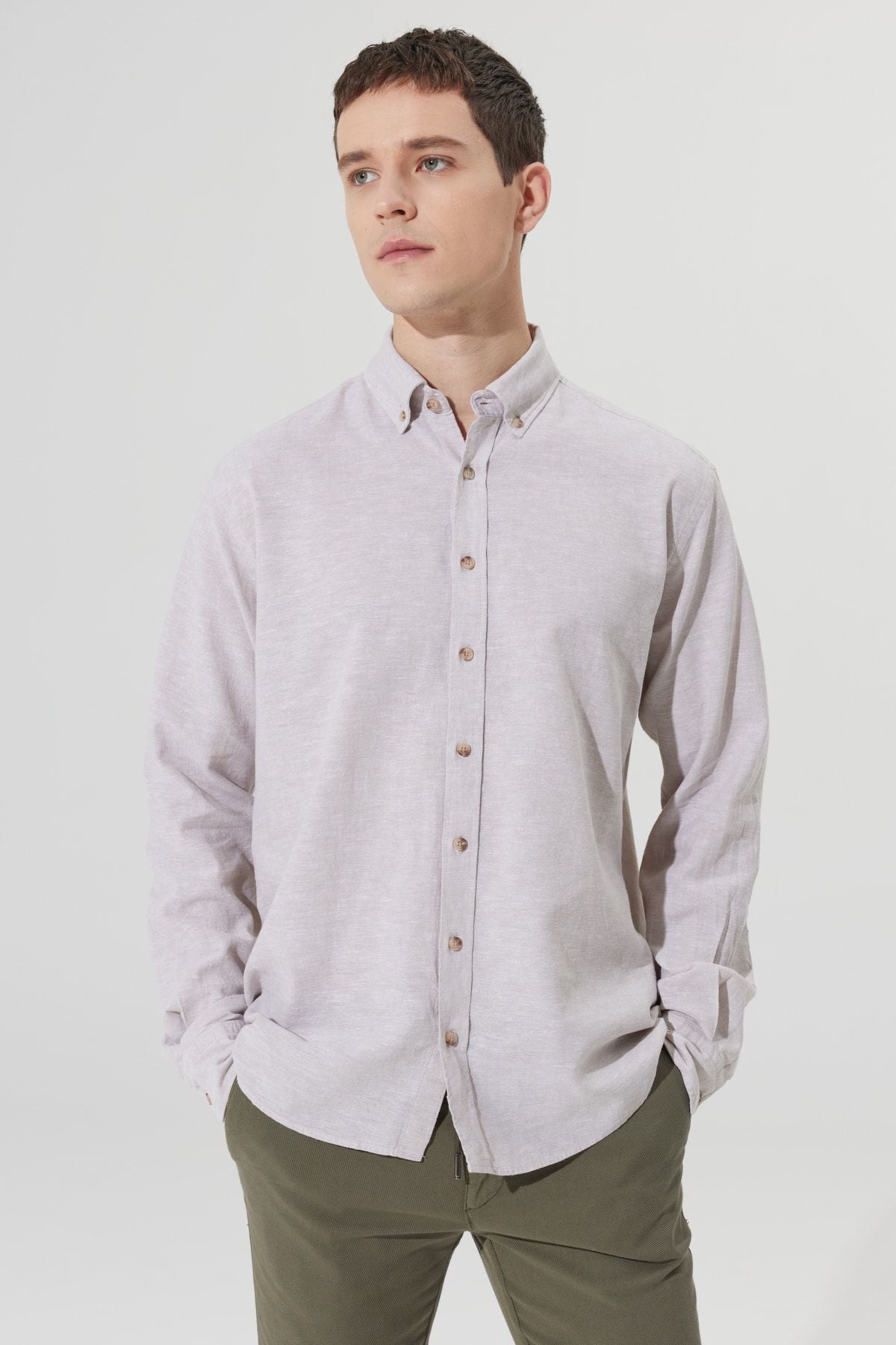 Men's Beige Linen Comfort Fit Casual Cutting Buttoned Neck Shirt