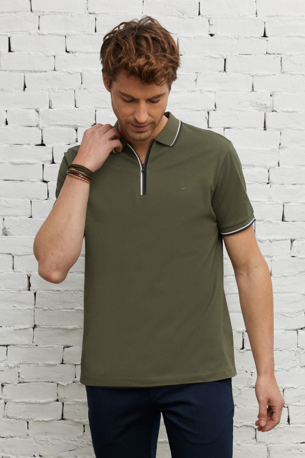 Men's Khaki Slim Fit Narrow Cut Polo Yaka Cotton Short Sleeve T -shirt