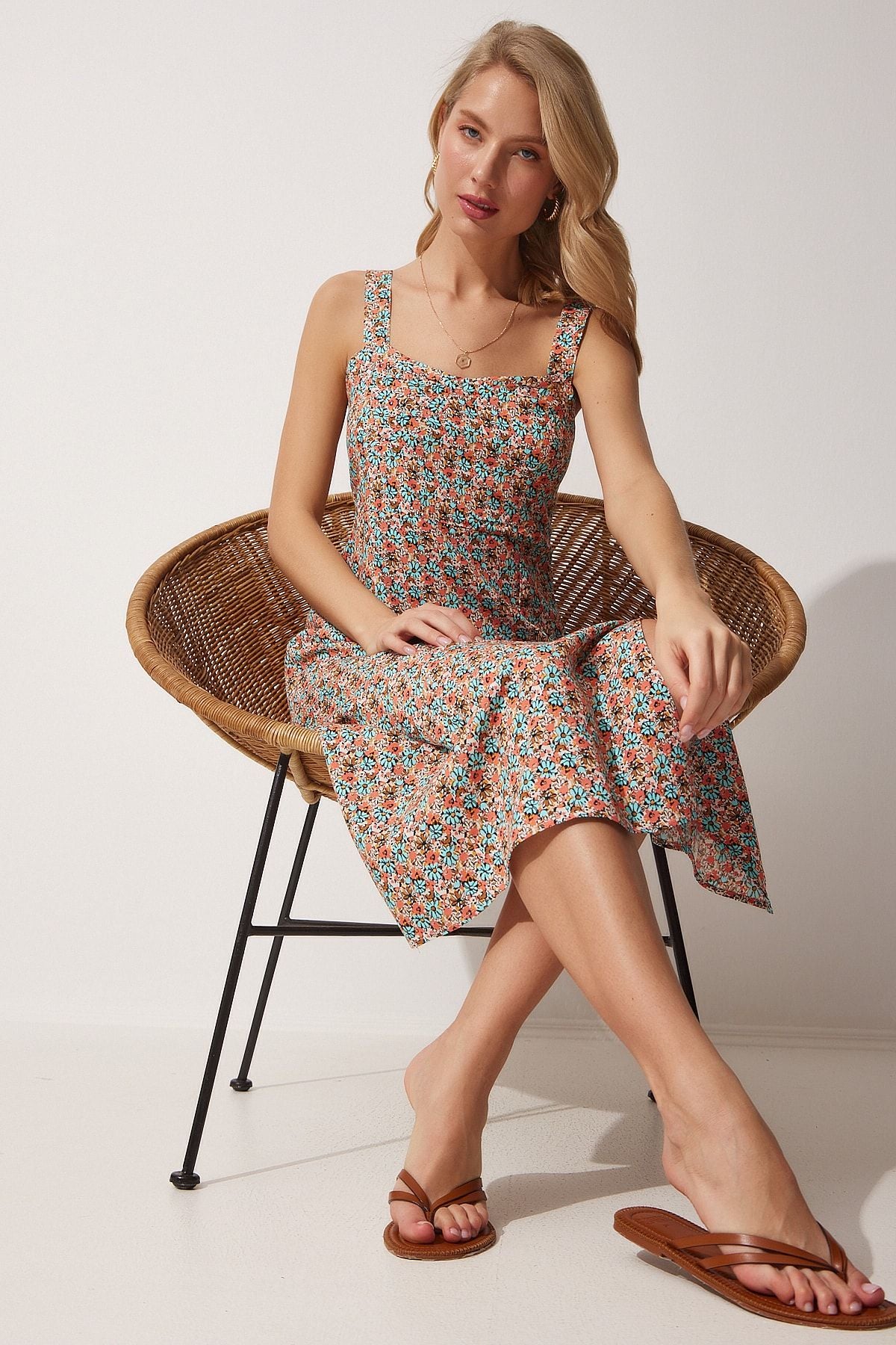 Female Tile Blue Square Yaka Flower Summer Viscose Dress DD01208